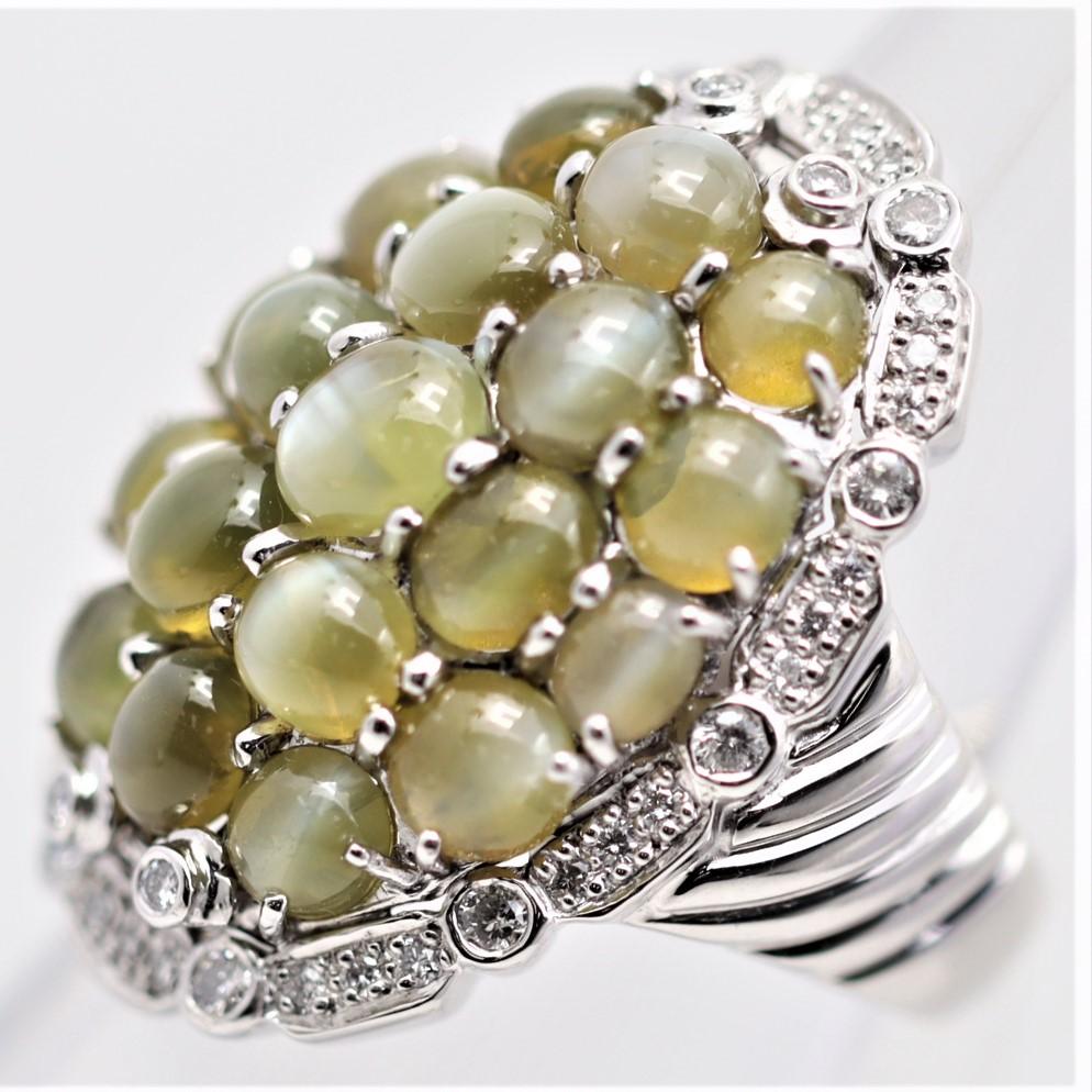 Mixed Cut Cats Eye Chrysoberyl Cluster Diamond Platinum Cocktail Ring For Sale