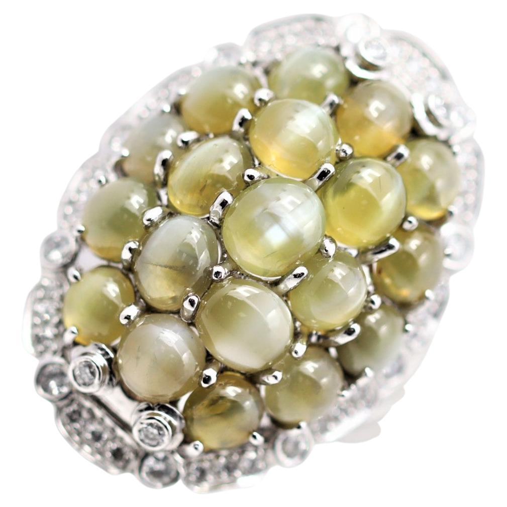 Cats Eye Chrysoberyl Cluster Diamond Platinum Cocktail Ring For Sale