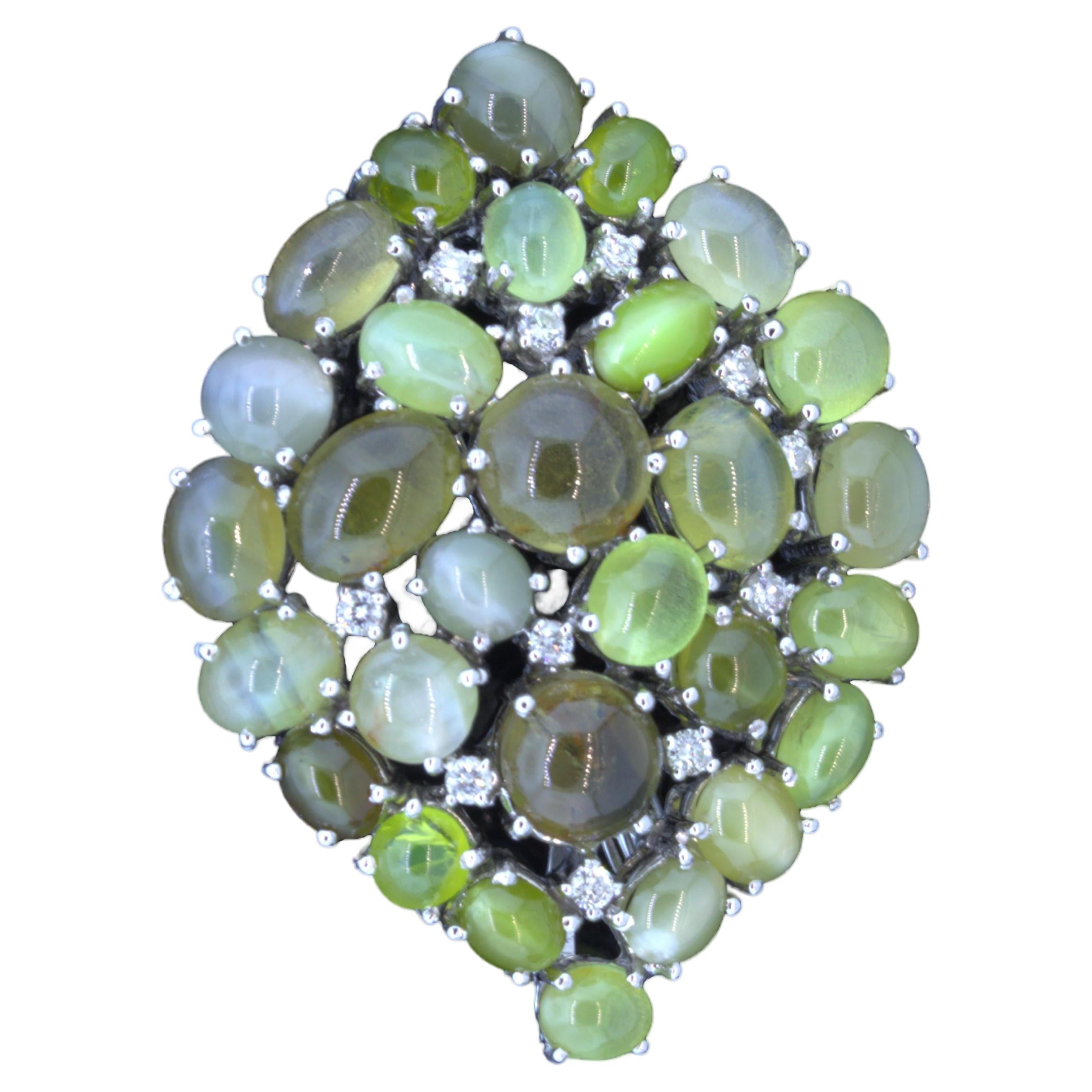 Cats Eye Chrysoberyl Diamond 18k White Gold Brooch-Pendant