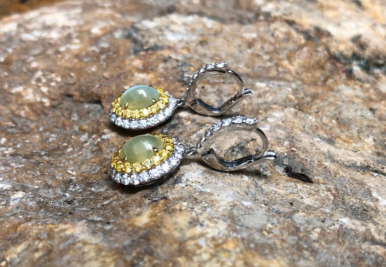 Cat's Eye Chrysoberyl, Diamond and Yellow Diamond Earrings in 18k White ...
