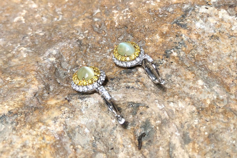 Cat's Eye Chrysoberyl, Diamond and Yellow Diamond Earrings in 18k White ...