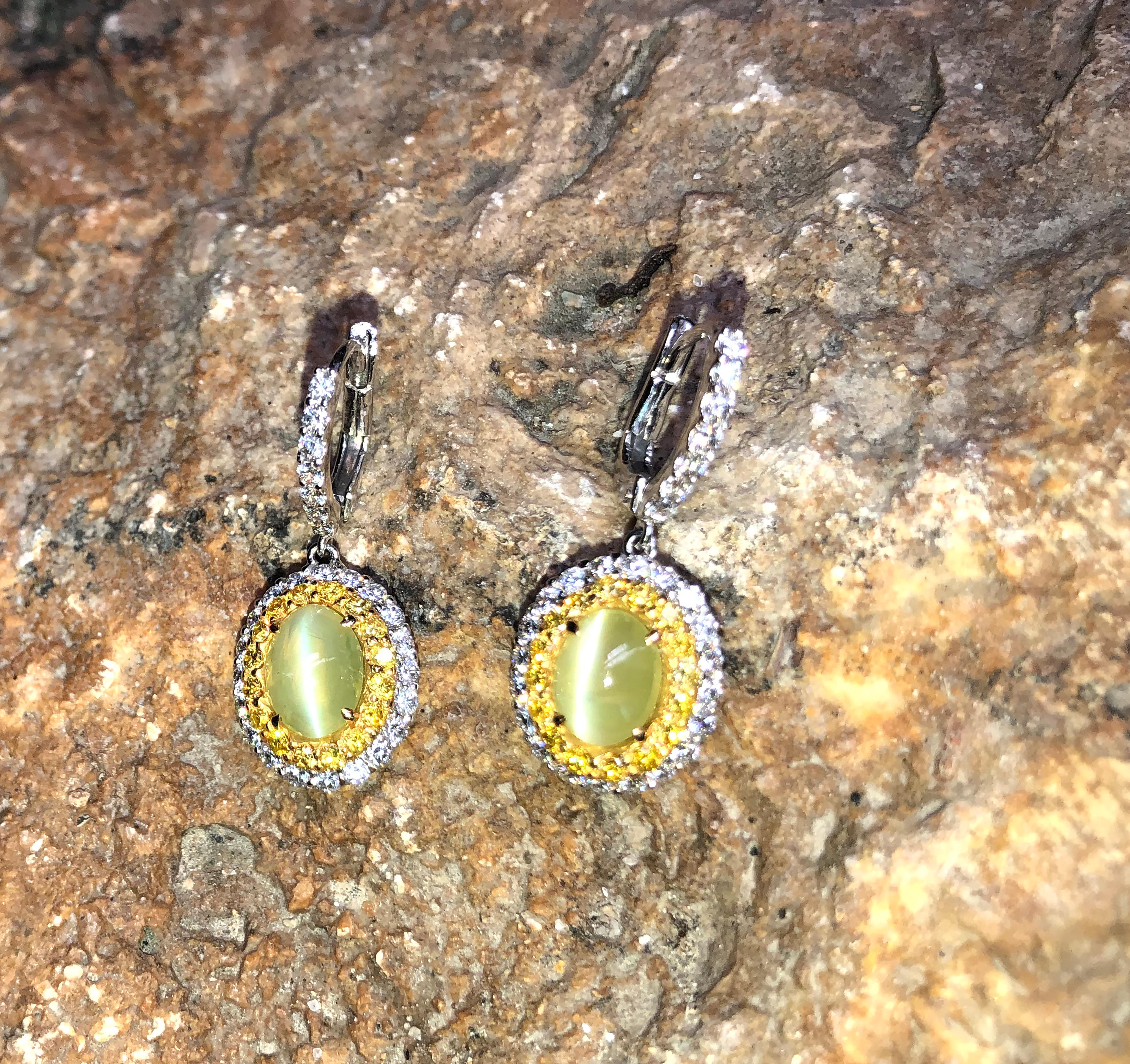 Cabochon Cat's Eye Chrysoberyl, Diamond and Yellow Diamond Earrings in 18k White Gold For Sale