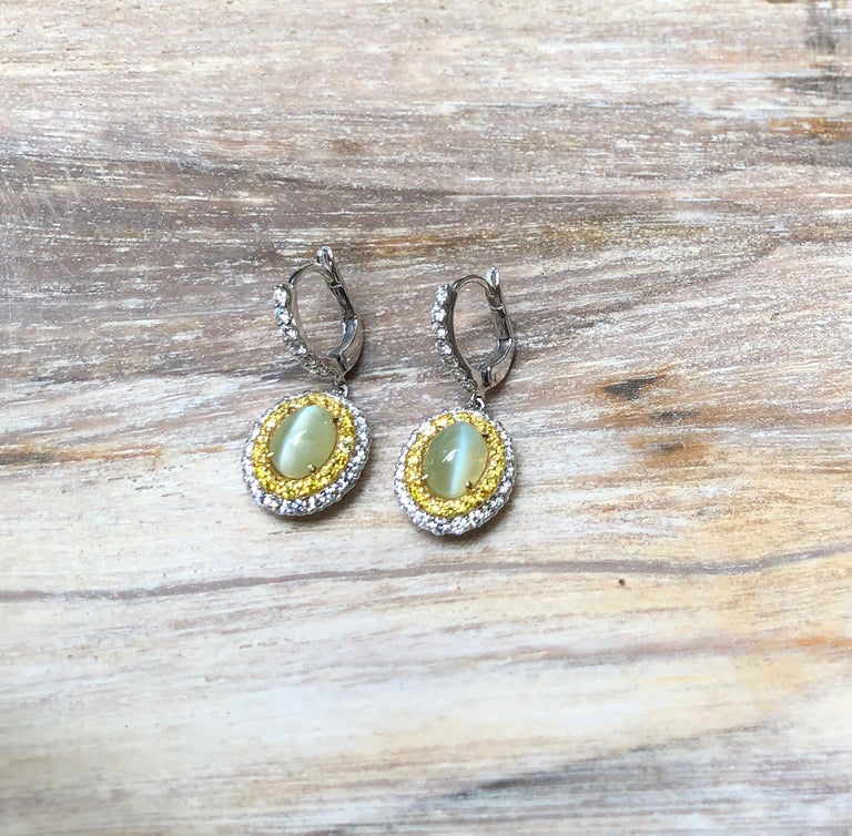 Cat's Eye Chrysoberyl, Diamond and Yellow Diamond Earrings in 18k White ...
