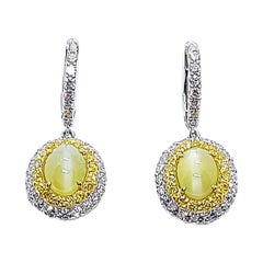 Cat's Eye Chrysoberyl, Diamond and Yellow Diamond Earrings in 18k White Gold