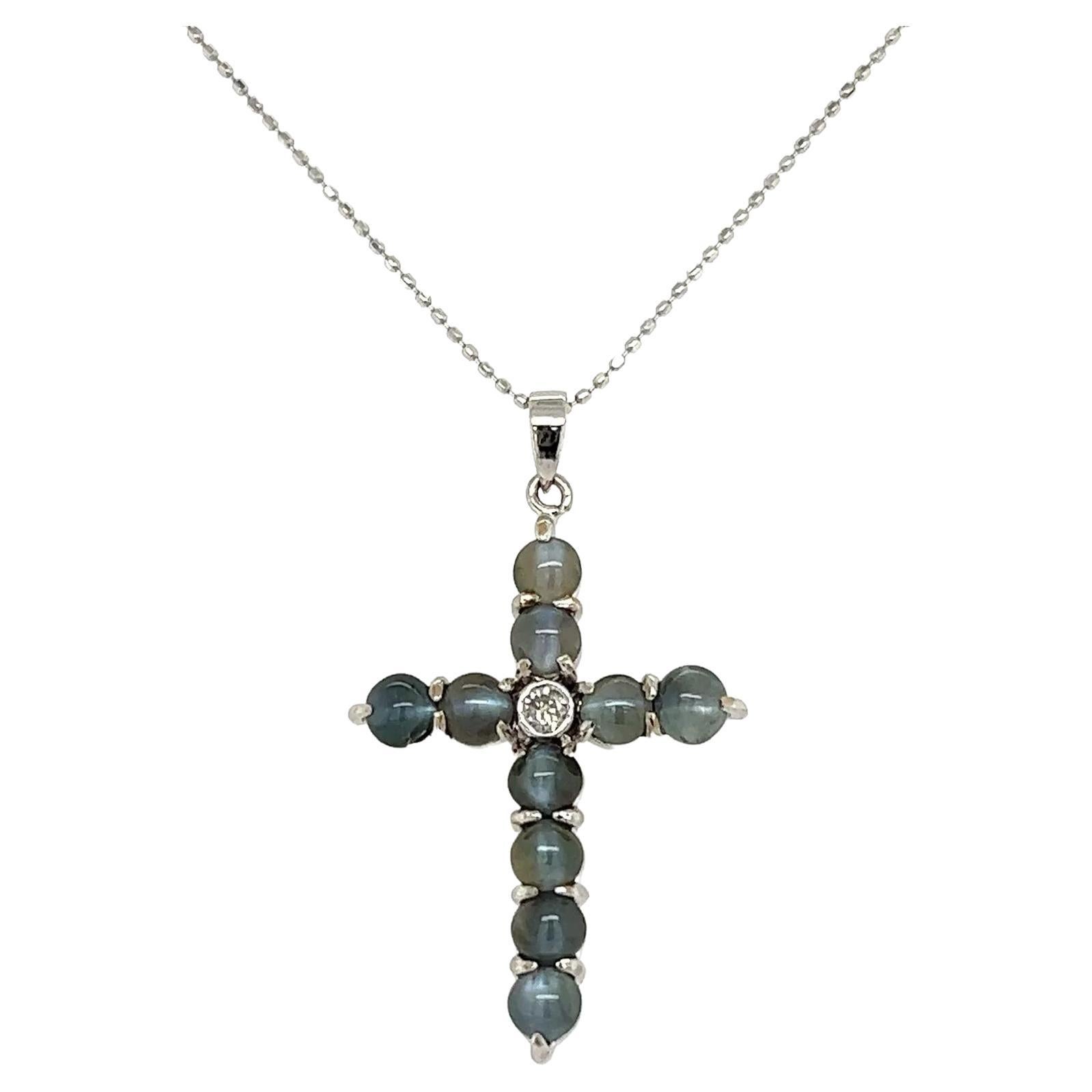 Cat’s Eye Chrysoberyl Diamond Gold Crucifix Cross Vintage Gold Pendant Necklace For Sale