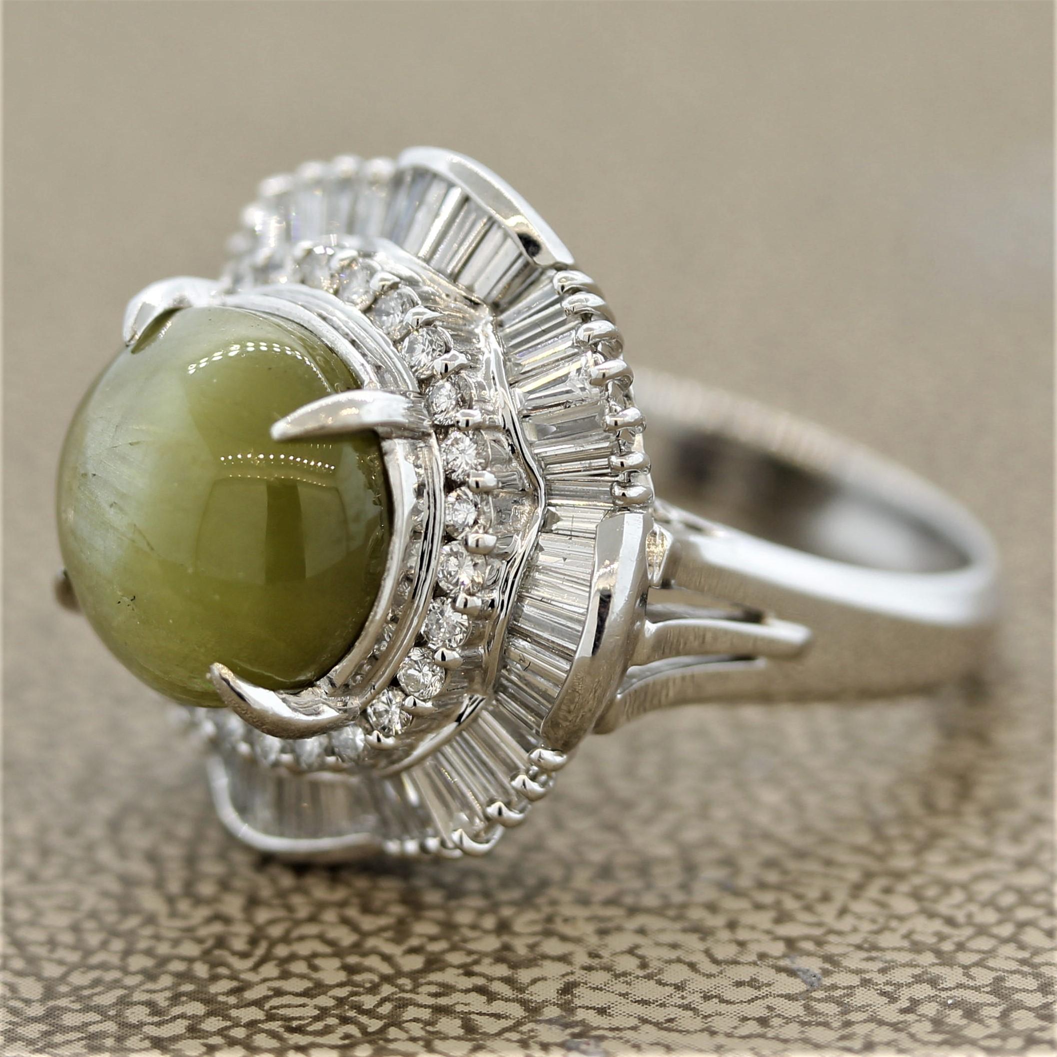 Cabochon Cat’s Eye Chrysoberyl Diamond Platinum Cocktail Ring