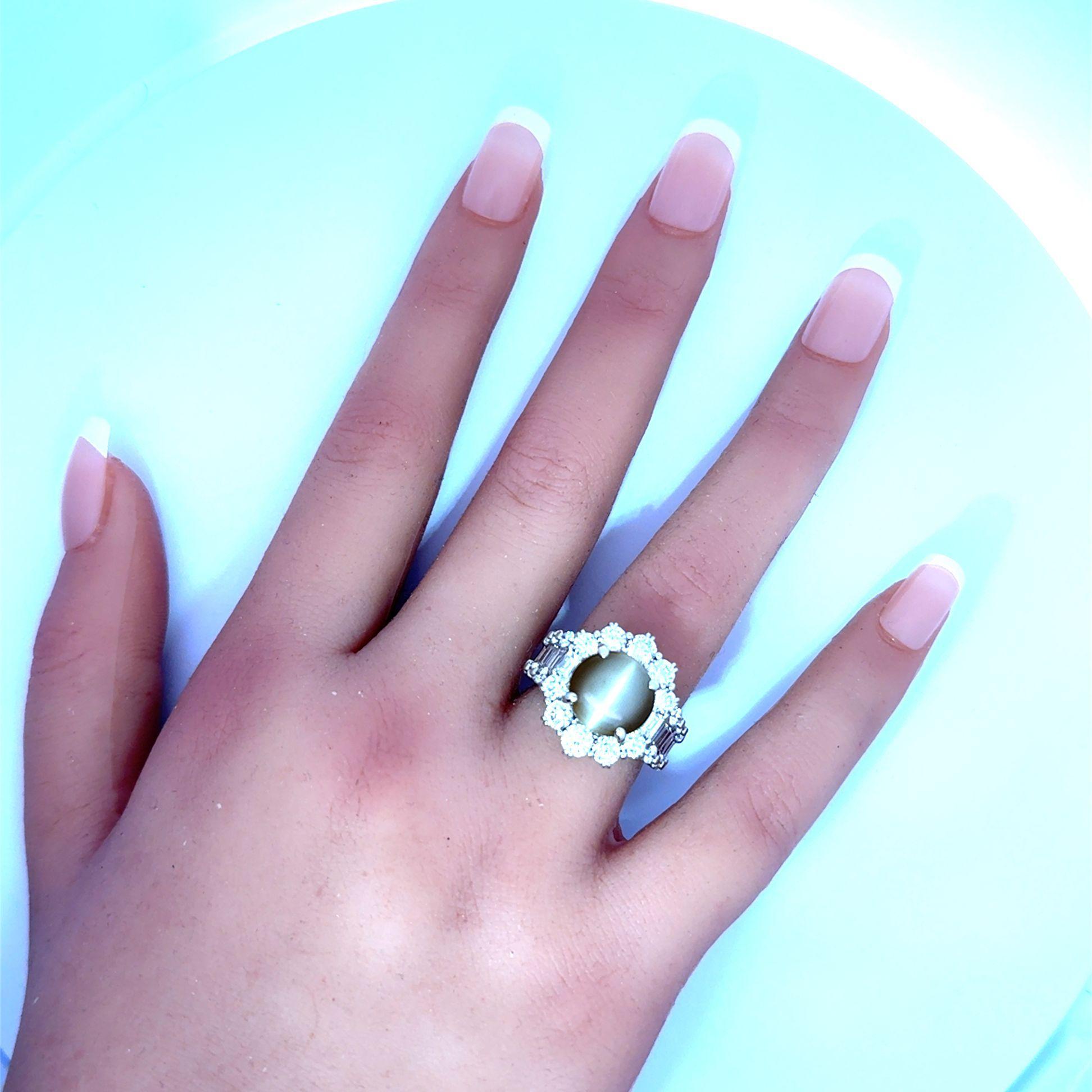 Cabochon Cats Eye Chrysoberyl Diamond Platinum Cocktail Ring For Sale