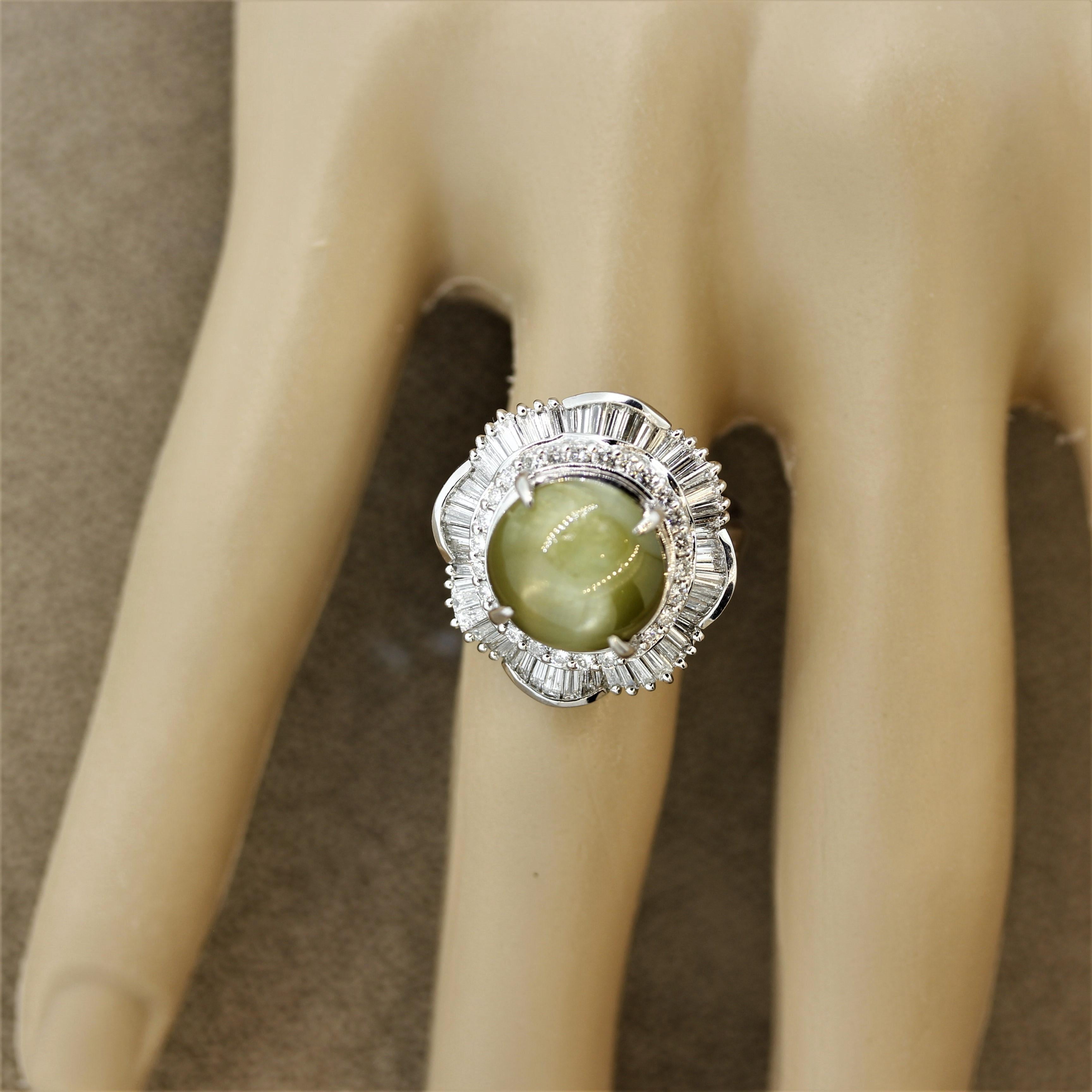 Cat’s Eye Chrysoberyl Diamond Platinum Cocktail Ring 1