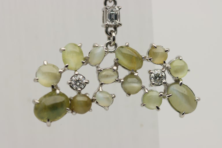 Cats Eye Chrysoberyl Diamond Platinum Drop Earrings For Sale at 1stDibs