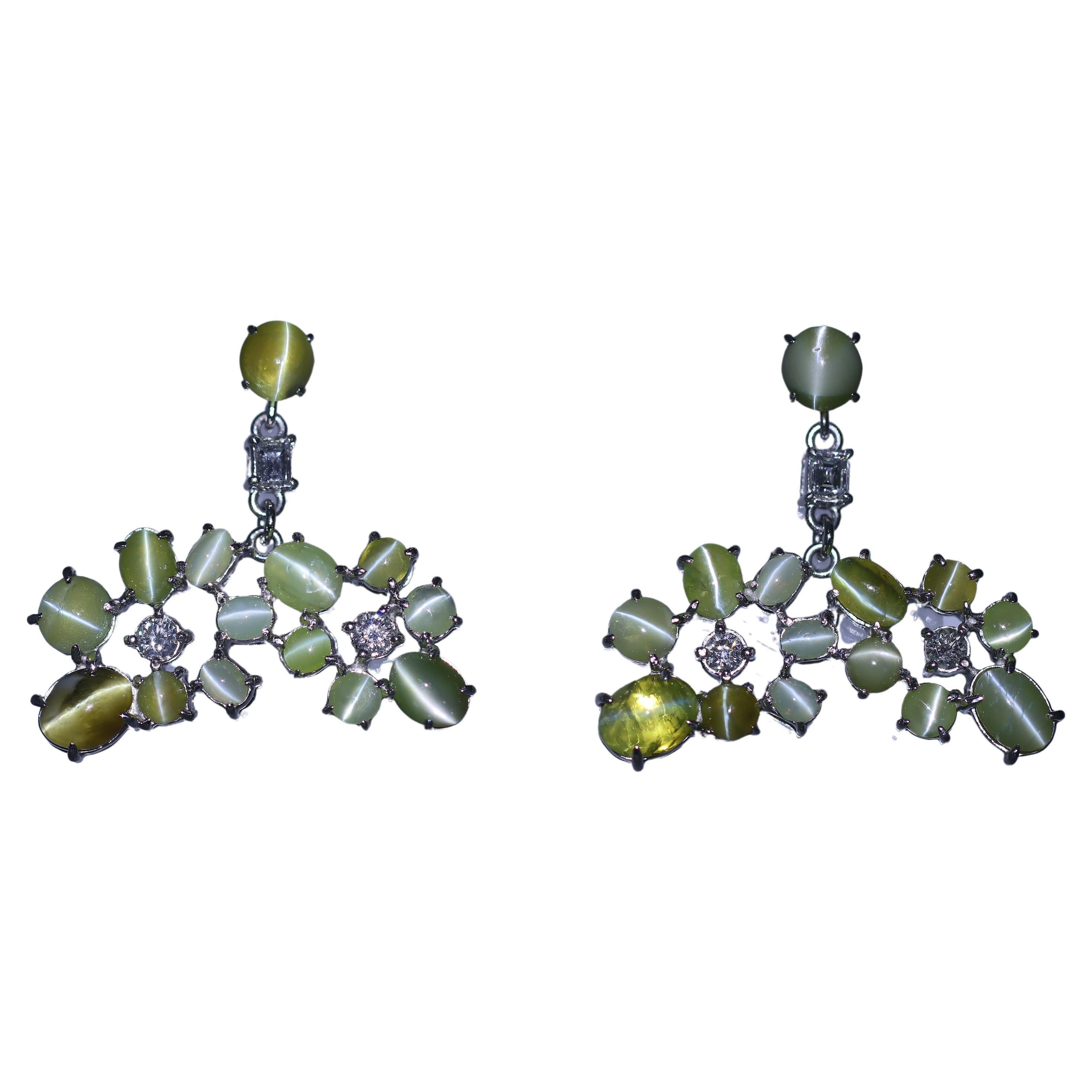 Cats Eye Chrysoberyl Diamond Platinum Drop Earrings