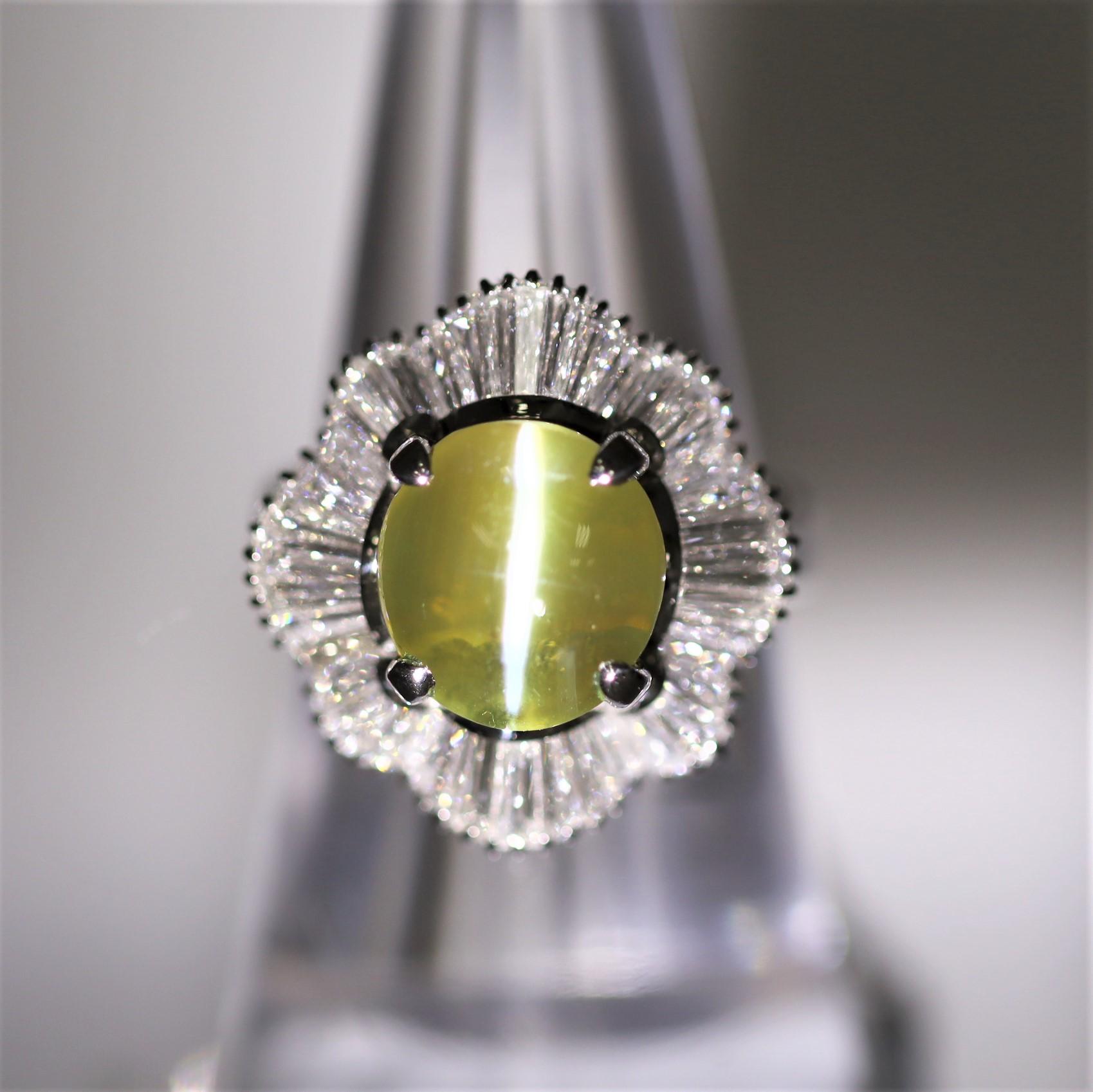 Mixed Cut Cats Eye Chrysoberyl Diamond Platinum Floral-Ballerina Ring For Sale