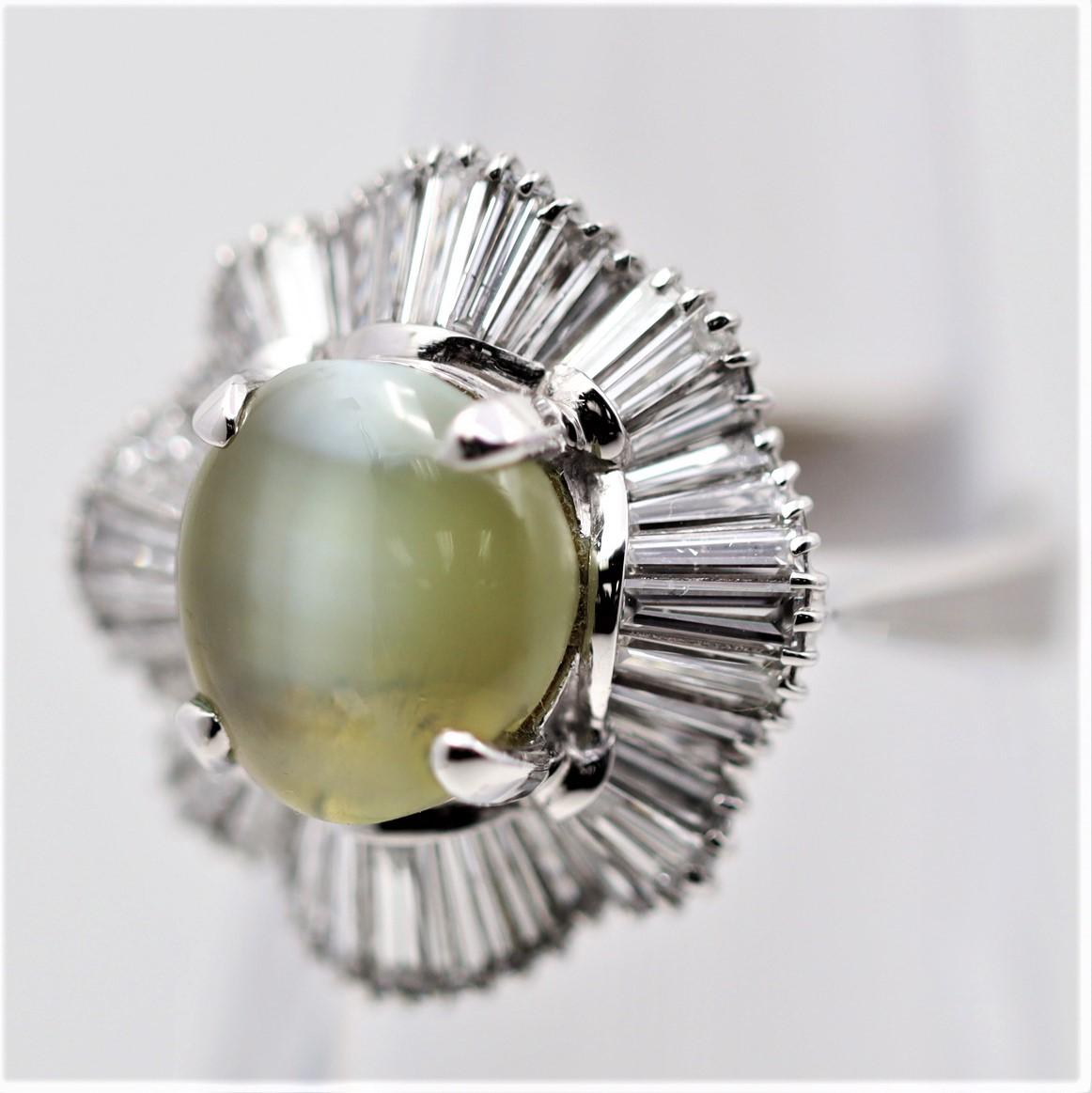 Cats Eye Chrysoberyl Diamond Platinum Floral-Ballerina Ring In New Condition For Sale In Beverly Hills, CA