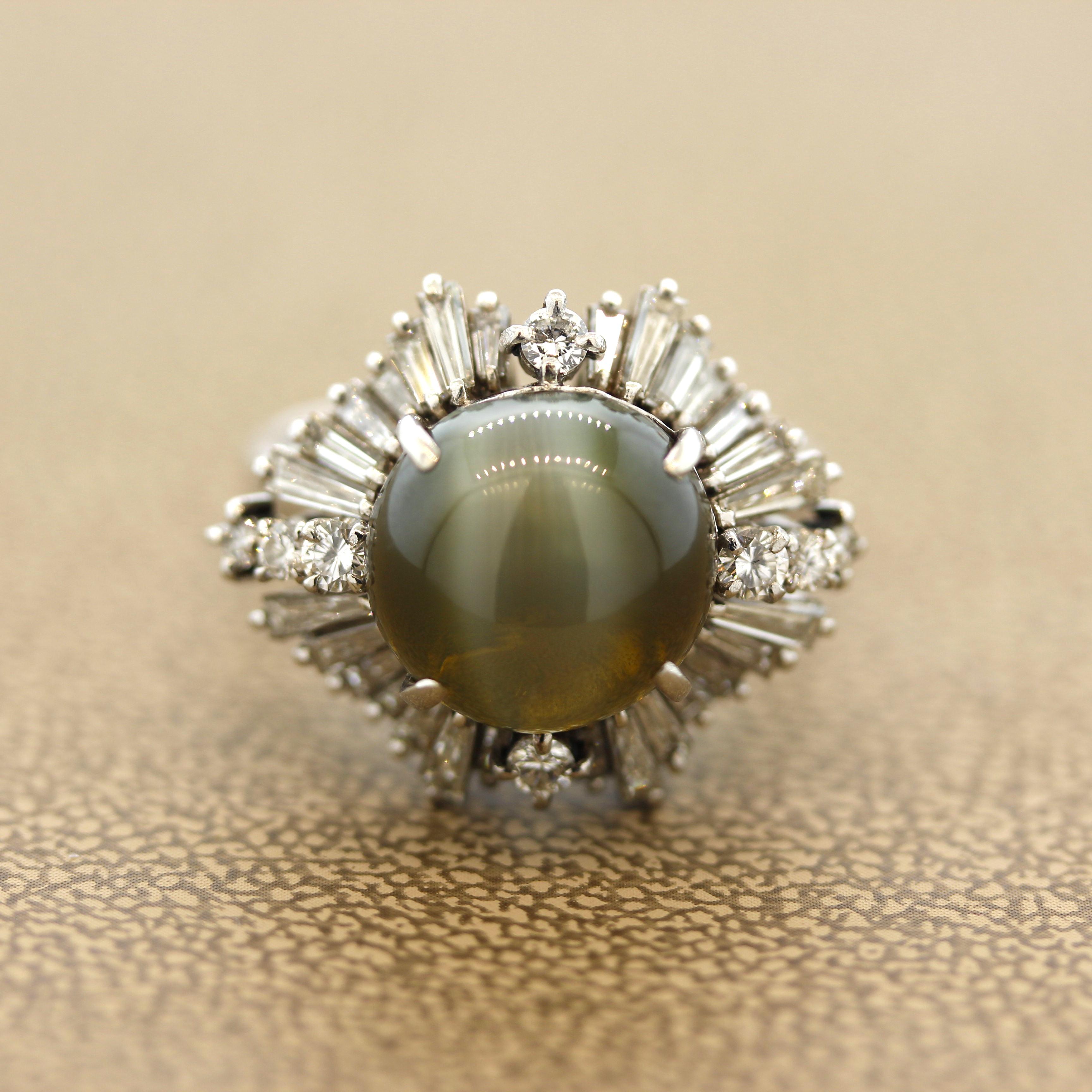 A fine platinum ring featuring a beautiful 7.02 carat cats eye chrysoberyl. It has a golden yellowish-green color with a strong sharp eye in its center which runs along both ends of the stone. It is complemented by a bright “sunburst” or diamonds,