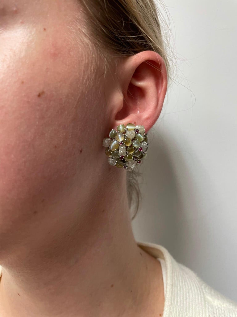 Cat’s Eye Chrysoberyl Earrings with Rough Diamonds and Rubies, 18 Karat ...
