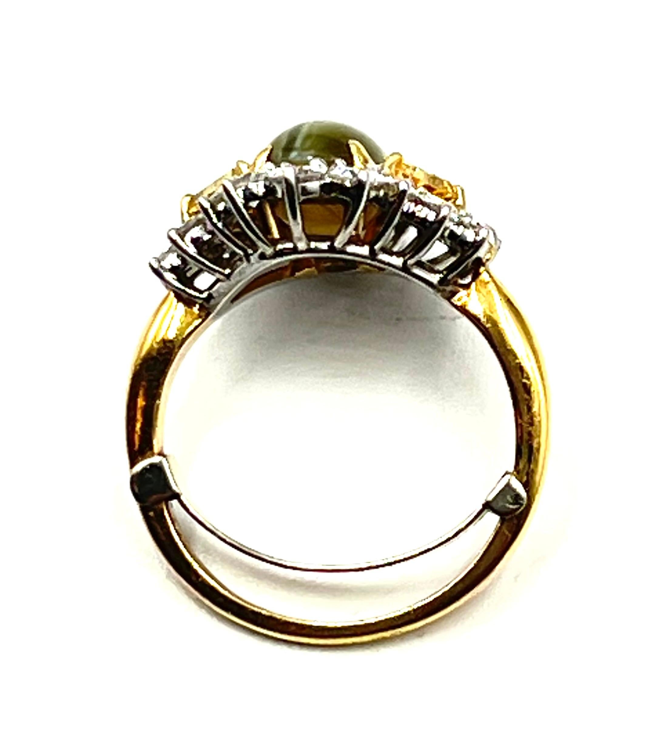 Cabochon Cat's Eye Chrysoberyl, Fancy Yellow & White Diamond Ring For Sale