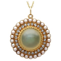 Cat's Eye Chrysoberyl Seed Pearl and Diamond and Yellow Gold Pendant Locket