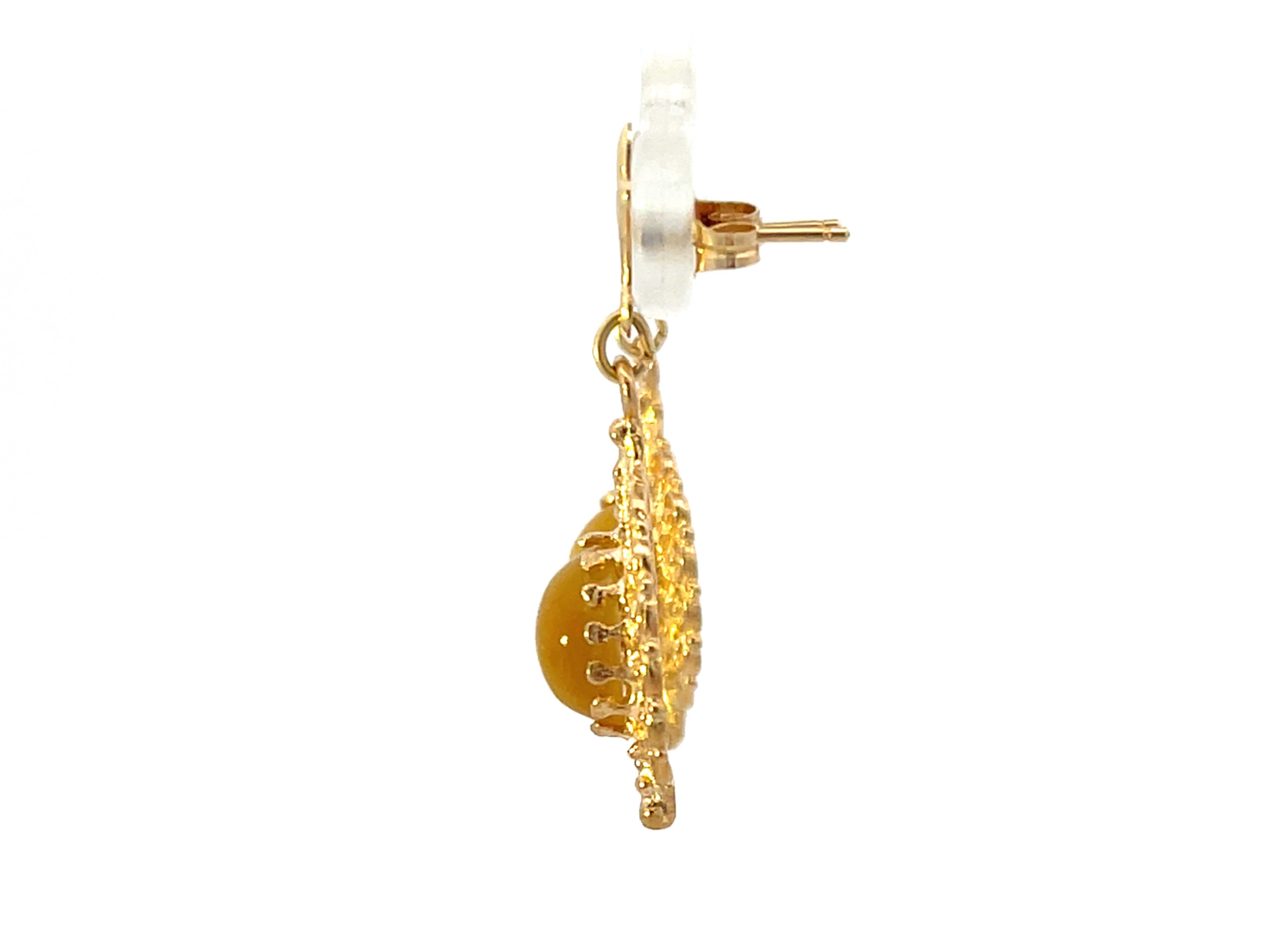 Women's Cats Eye Dangly Drop 14k Solid Gold Earrings For Sale