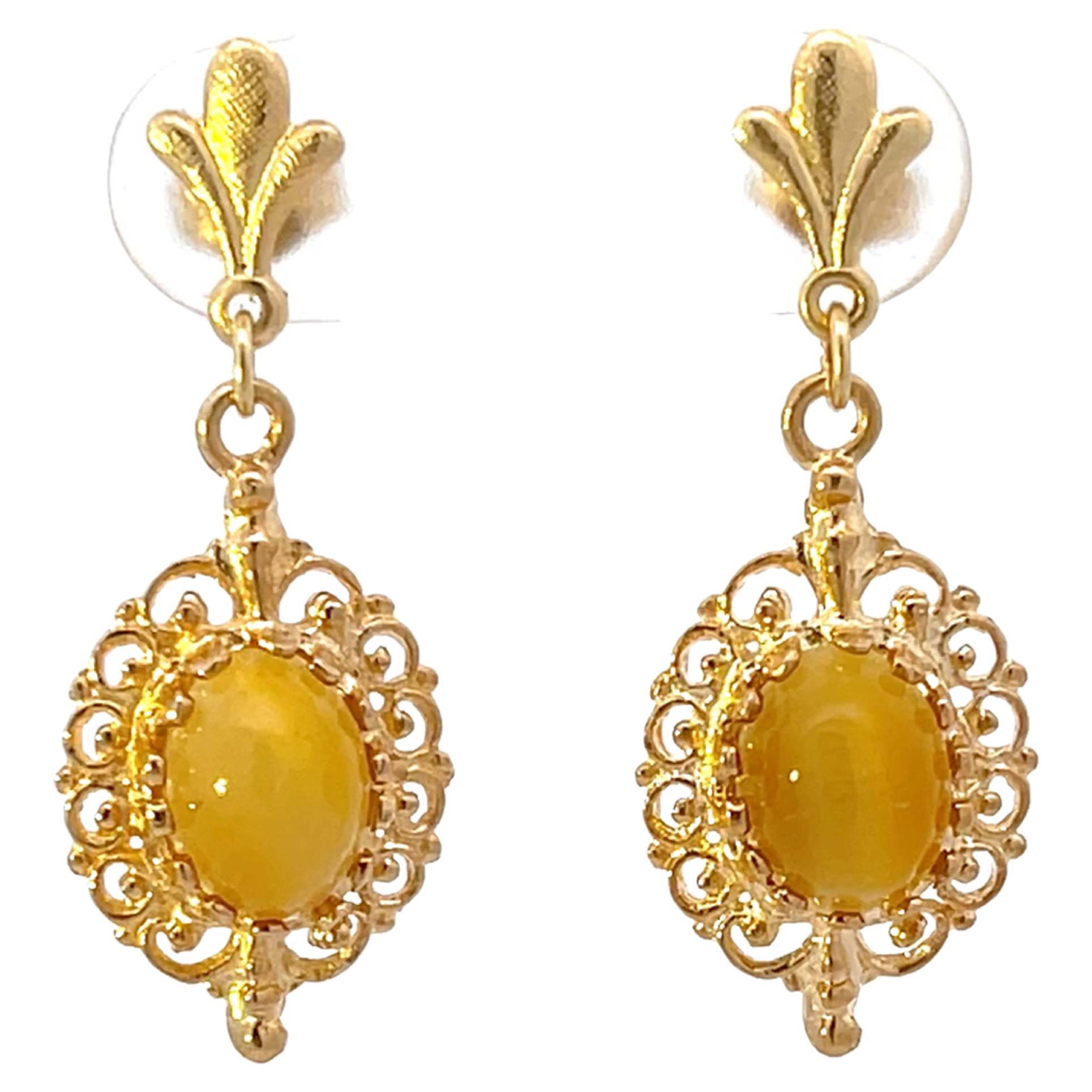 Cats Eye Dangly Drop 14k Solid Gold Earrings For Sale