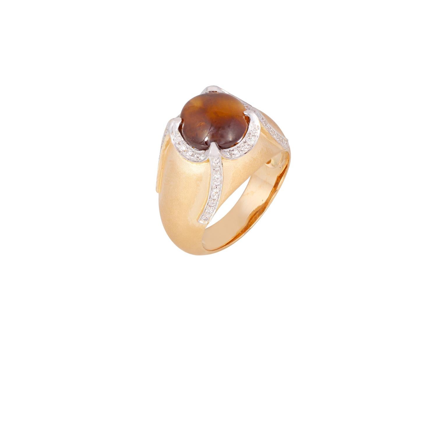 Cabochon Cat's Eye & Diamond Surrounded By Brush Finish 18k Gold Ring For Sale