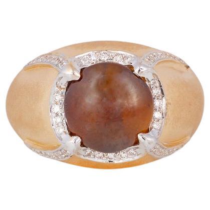 Cat's Eye & Diamond Surrounded By Brush Finish 18k Gold Ring For Sale