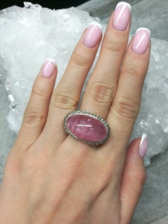 Large Cat's Eye Effect Rubellite Silver Ring Hot Pink Tourmaline Cabochon