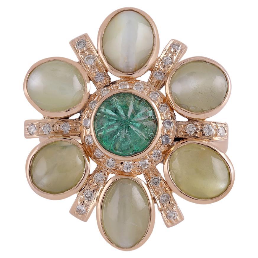 Cat's Eye, Emerald & Diamond Surrounded By 18k Gold Ring