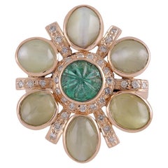 Cat's Eye, Emerald & Diamond Surrounded By 18k Gold Ring
