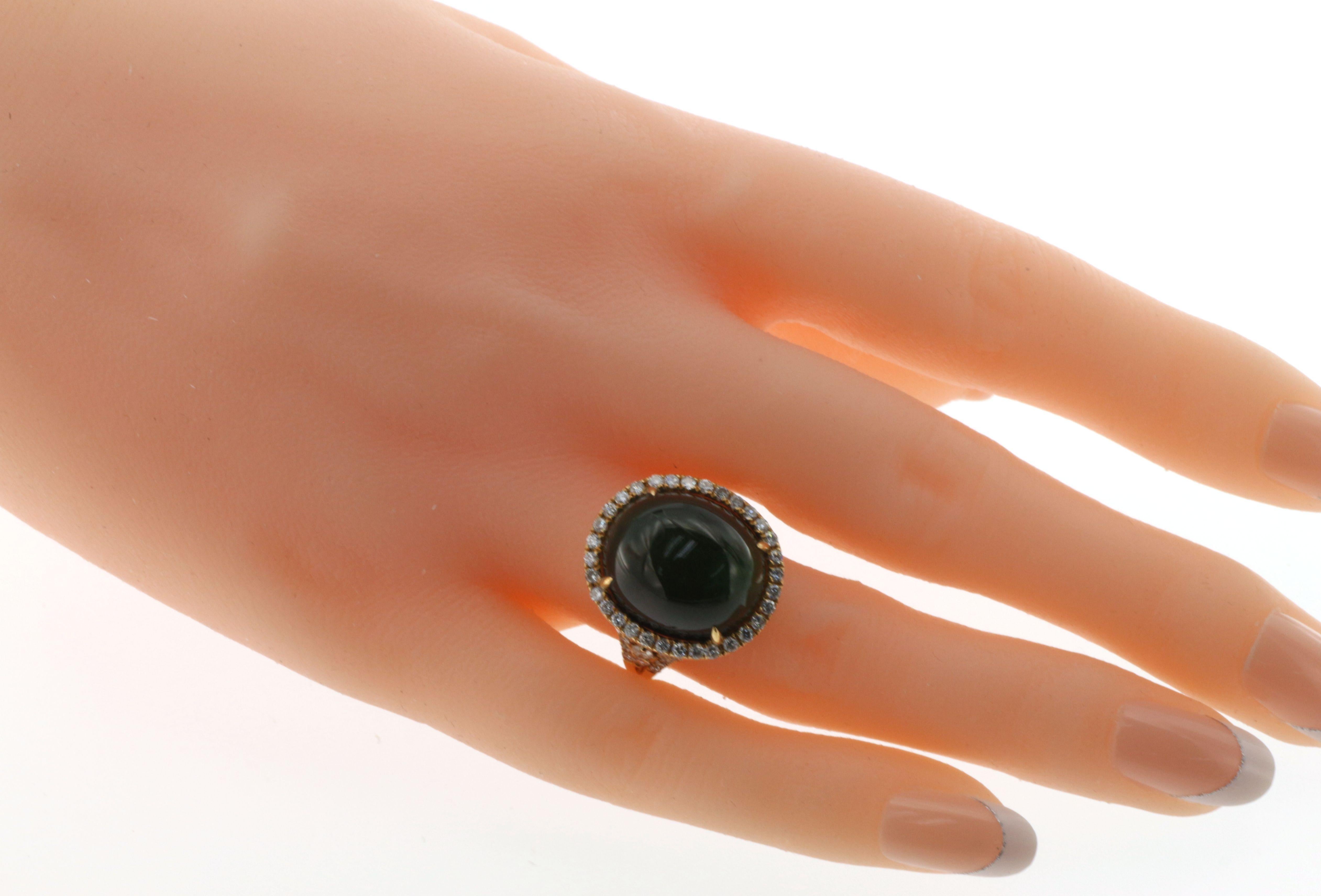 Vintage 19.02ct Rare Cat's Eye Green Tourmaline 1.04ct Diamond Ring 18K