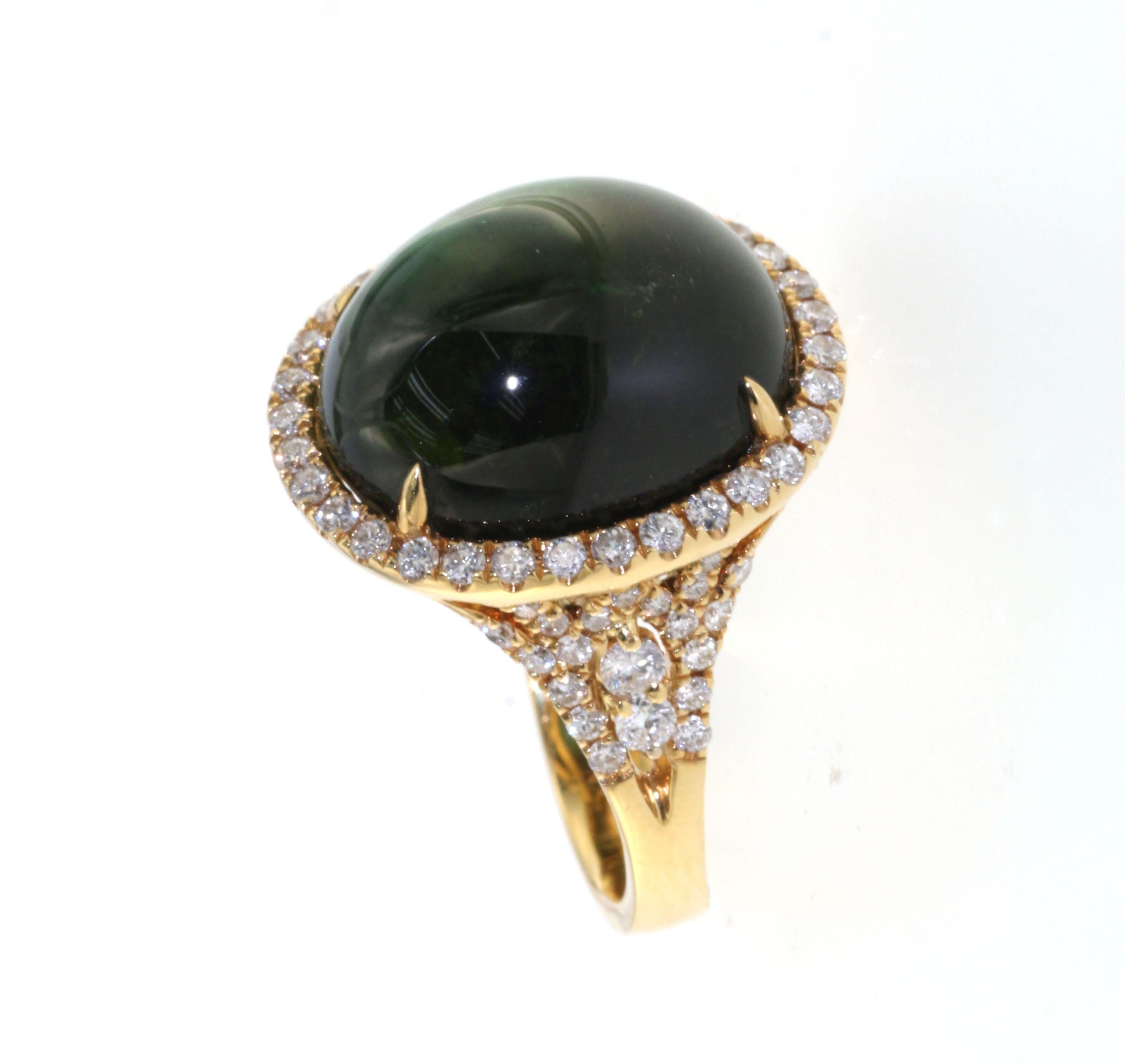 Vintage 19.02ct Rare Cat's Eye Green Tourmaline 1.04ct Diamond Ring 18K