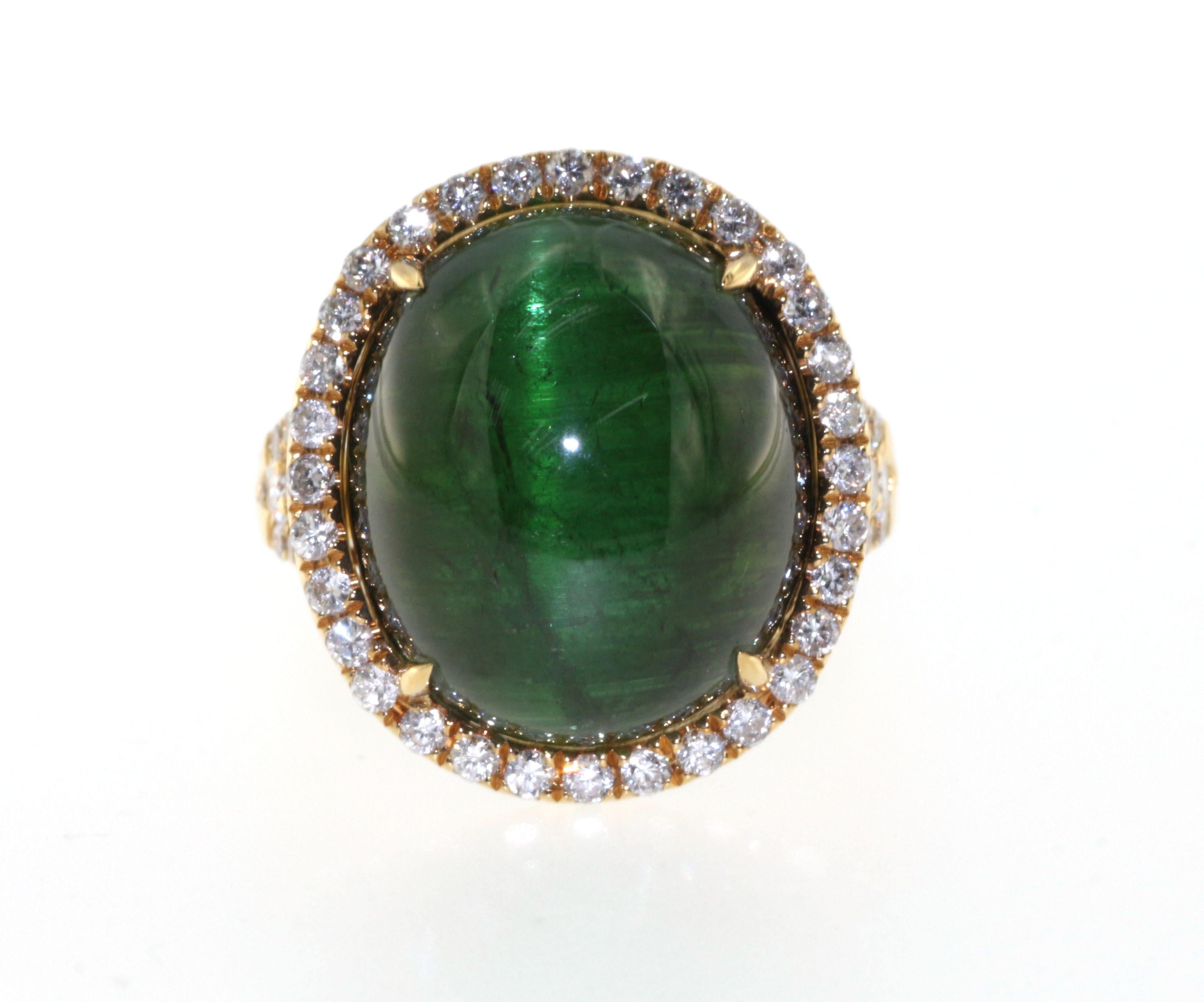 Vintage 19.02ct Rare Cat's Eye Green Tourmaline 1.04ct Diamond Ring 18K
