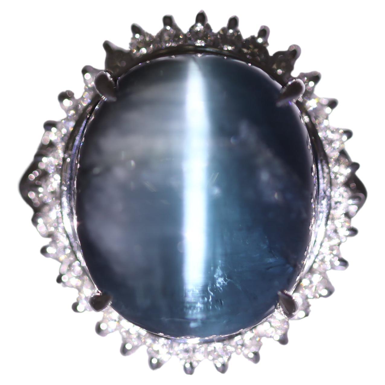 Cats Eye Indicolite Tourmaline Diamond Platinum Ring For Sale