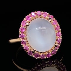 Cats Eye Moonstone Halo Ring with Burmese Rubies in Rose Gold