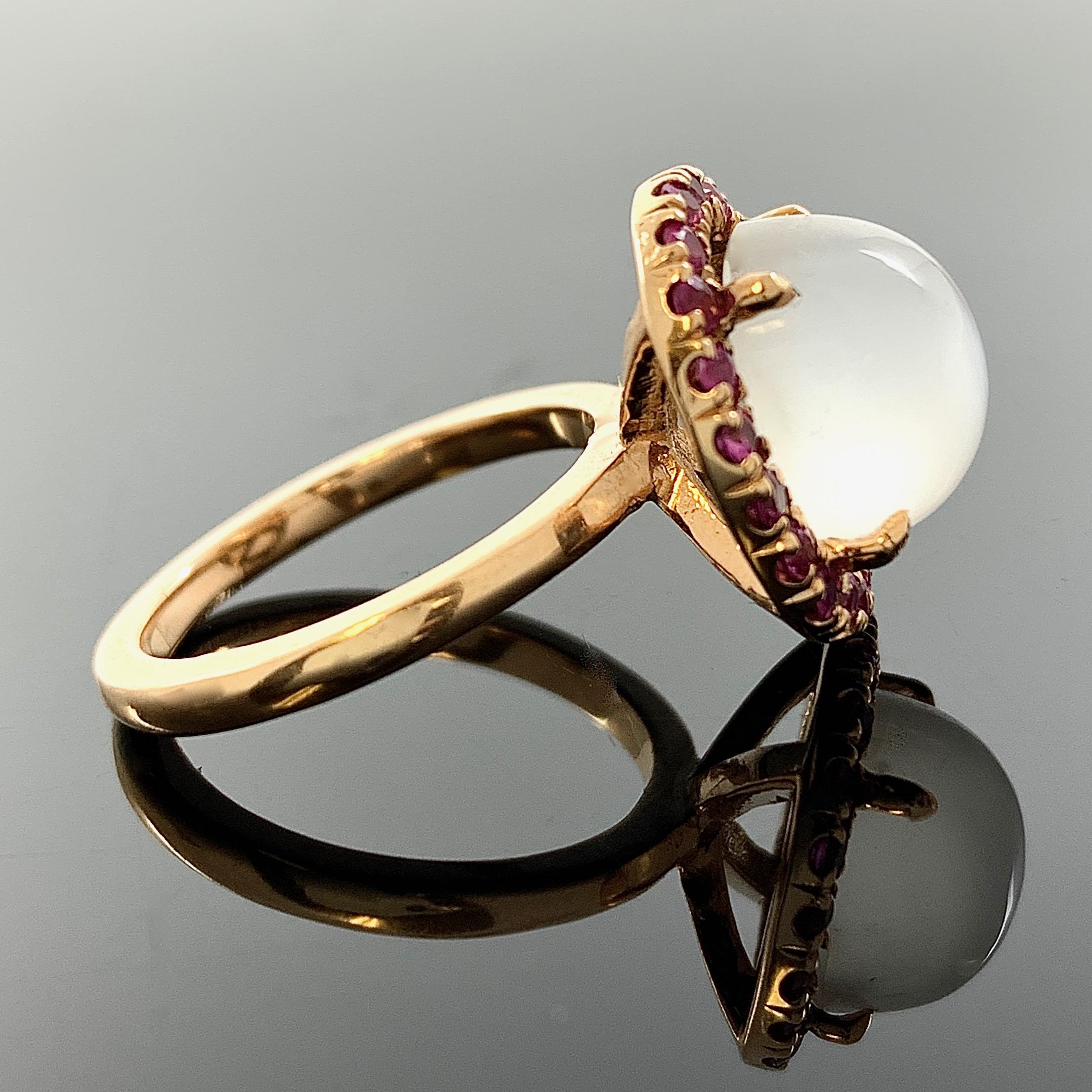 Cats Eye Moonstone Halo Ring with Burmese Rubies in Rose Gold 1