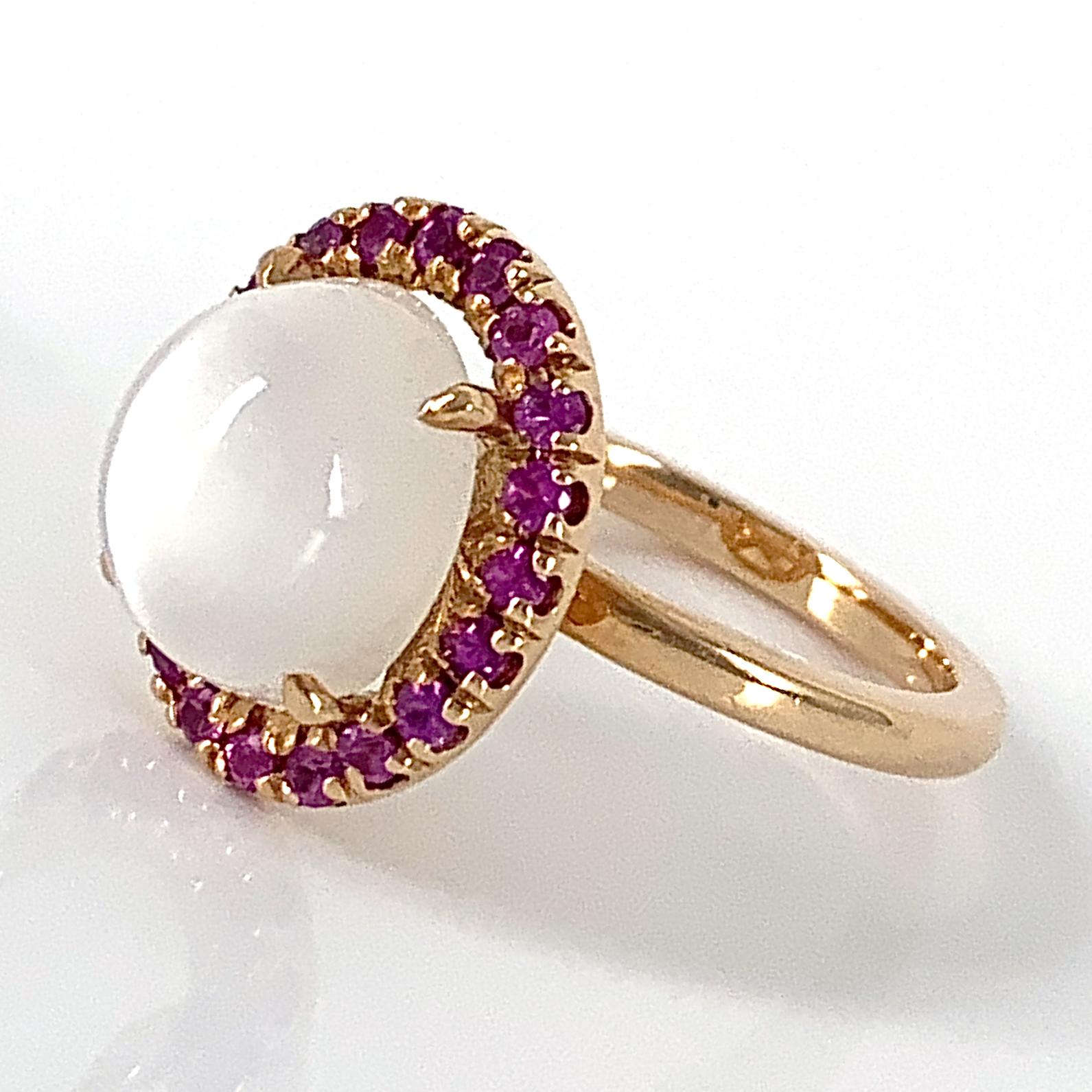 Women's Cats Eye Moonstone Halo Ring with Burmese Rubies in Rose Gold