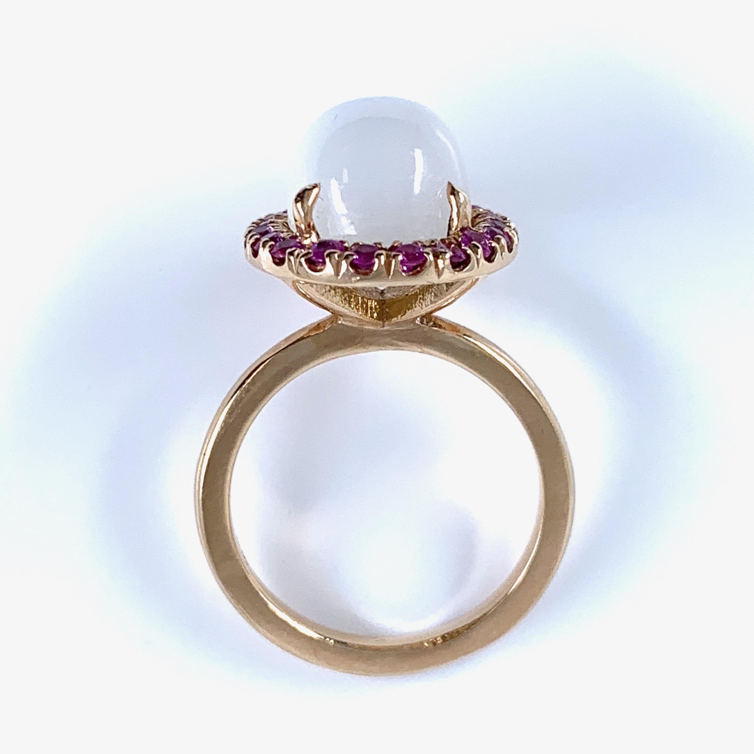 Cats Eye Moonstone Halo Ring with Burmese Rubies in Rose Gold 2