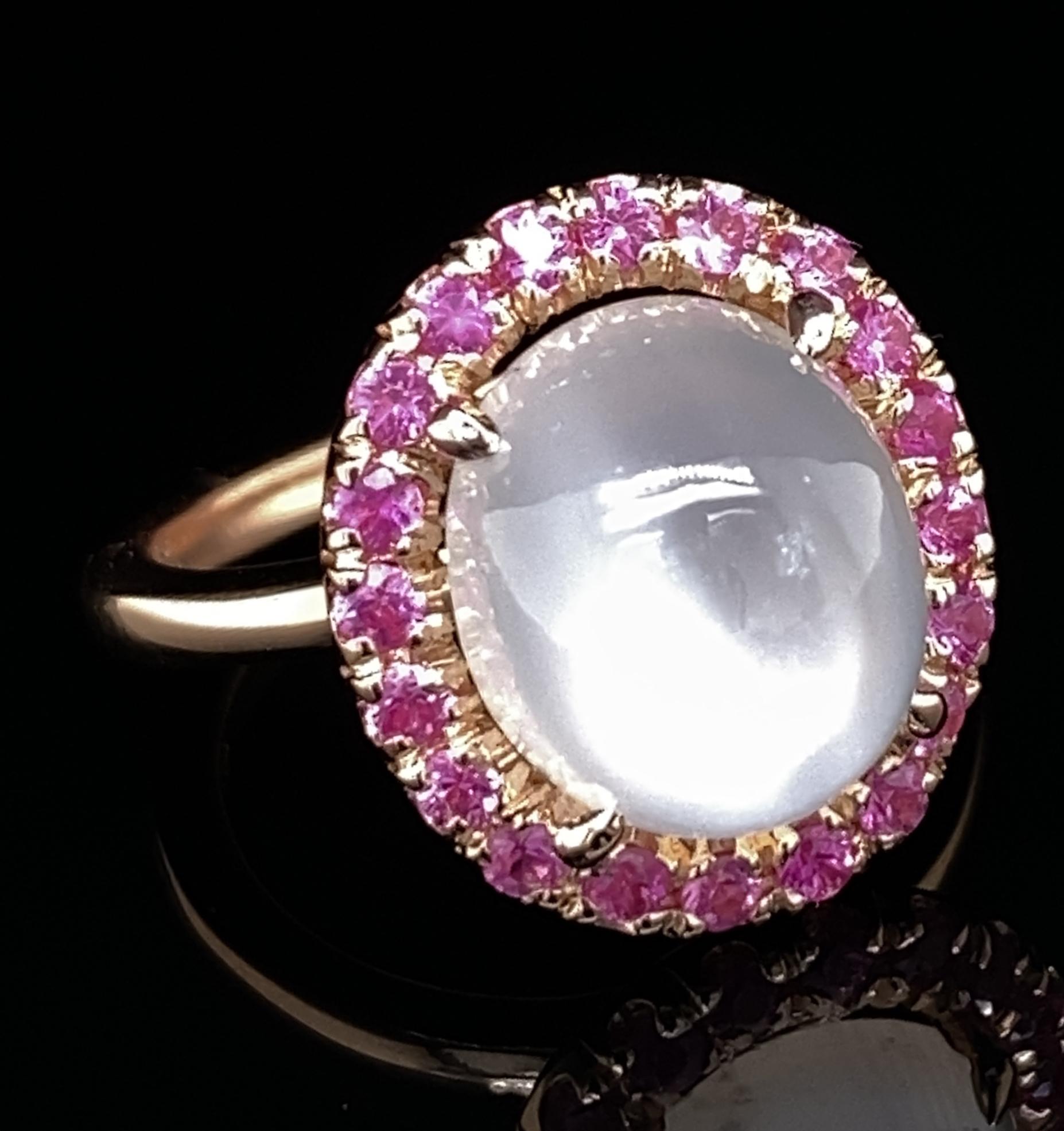 Cats Eye Moonstone Halo Ring with Burmese Rubies in Rose Gold In New Condition In Sherman Oaks, CA