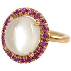 Cats Eye Moonstone Halo Ring with Burmese Rubies in Rose Gold