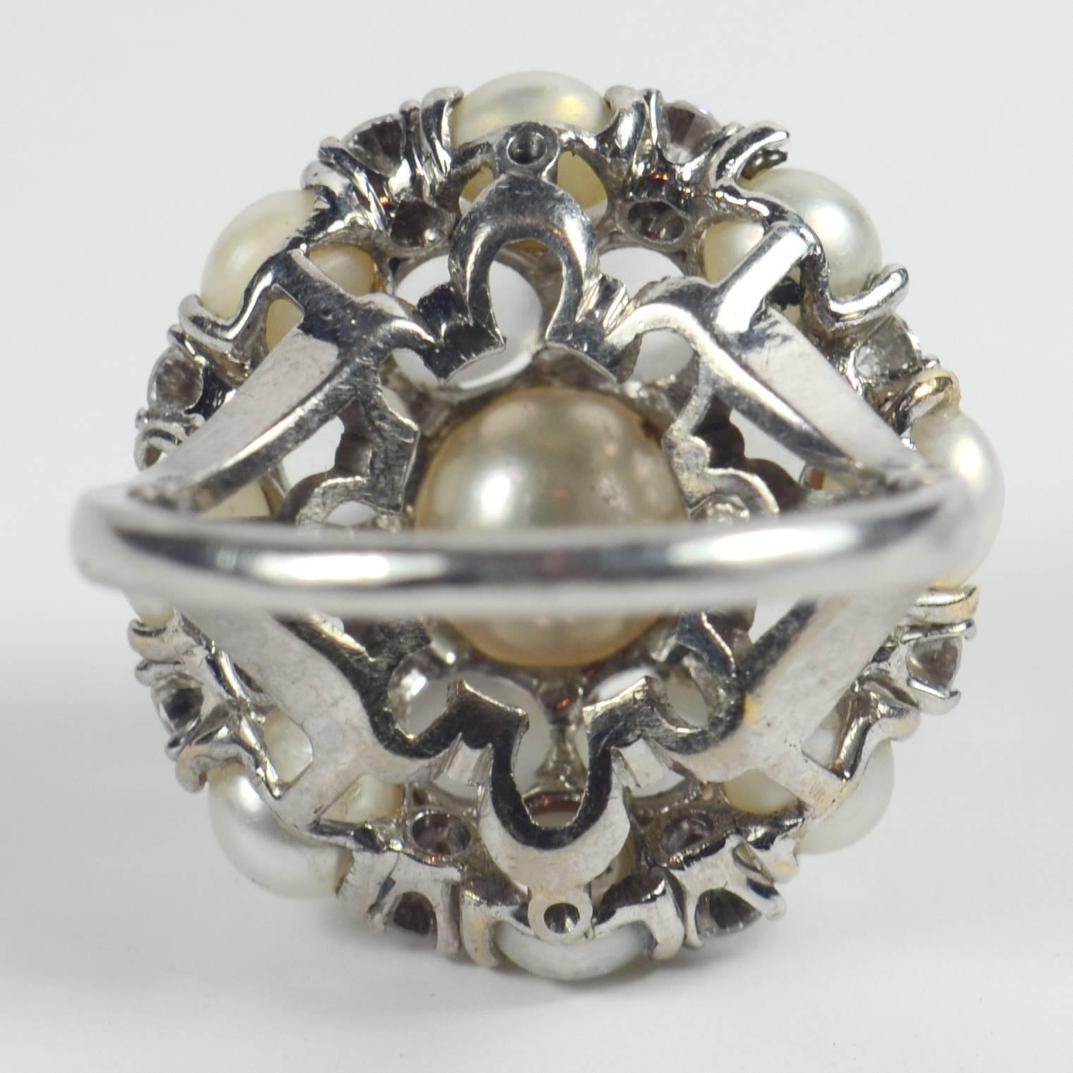 Women's Cat's Eye Moonstone Pearl White Gold Bombe Ring For Sale