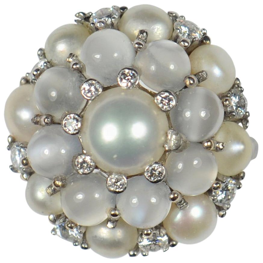 Bombe-Ring mit Katzenauge und Mondstein und Perle aus Weißgold