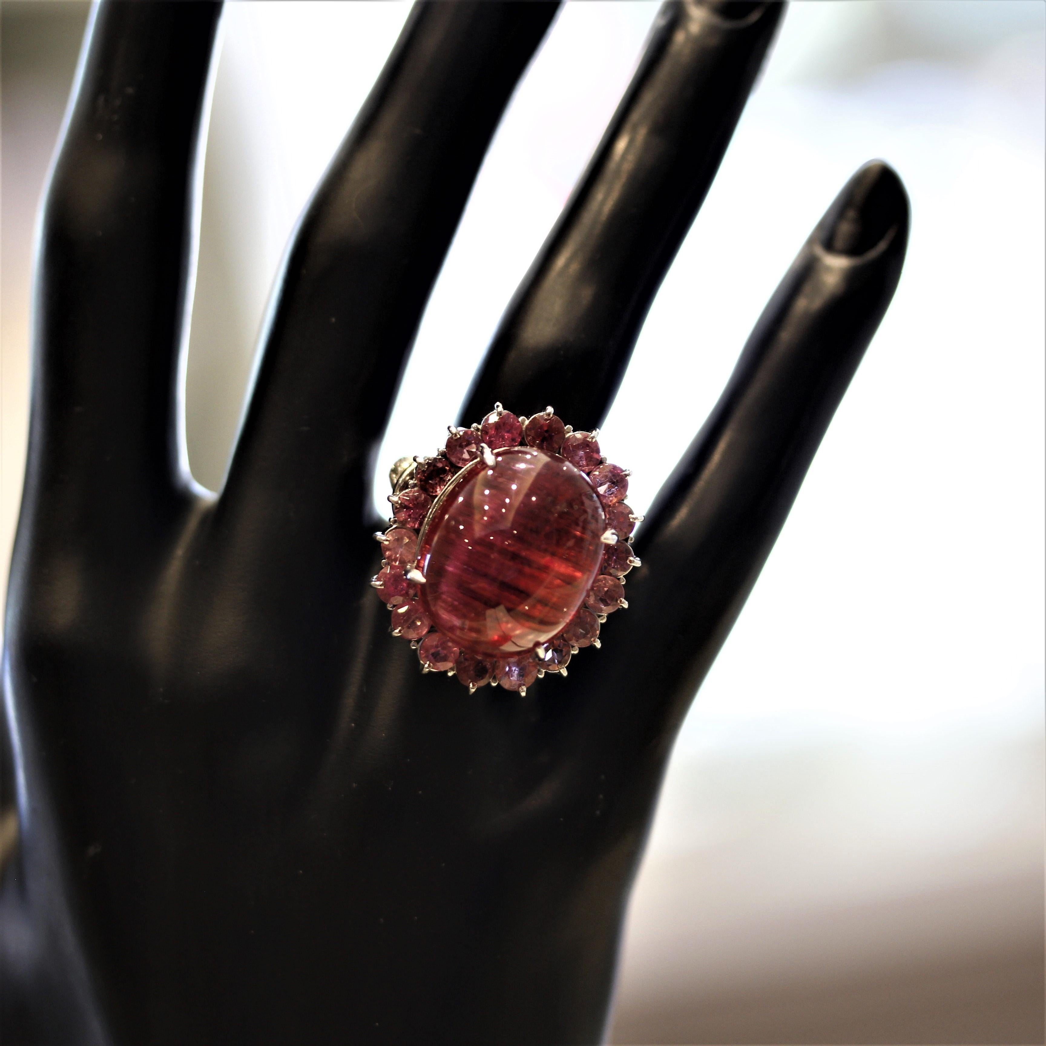 Mixed Cut Cats Eye Rubellite Tourmaline Diamond Platinum Cocktail Ring For Sale