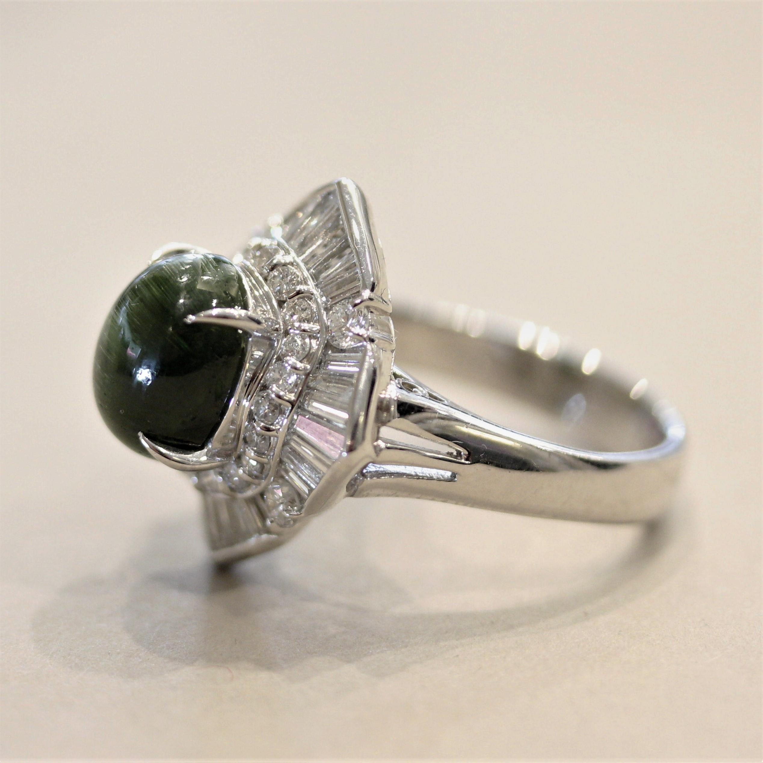 Mixed Cut Cat’s Eye Tourmaline Diamond Platinum Ring For Sale