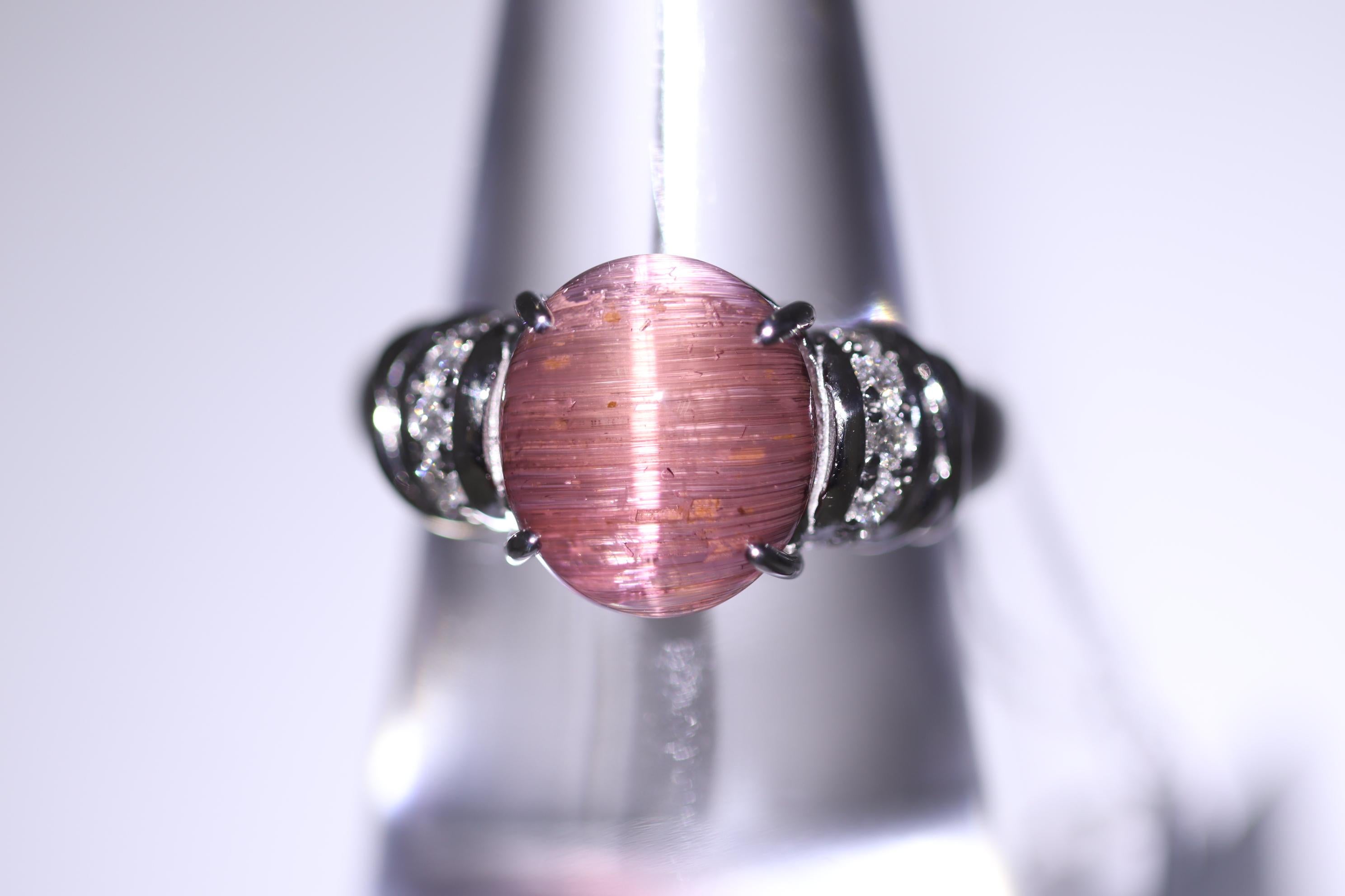 Cats Eye Tourmaline Diamond Platinum Ring In New Condition For Sale In Beverly Hills, CA