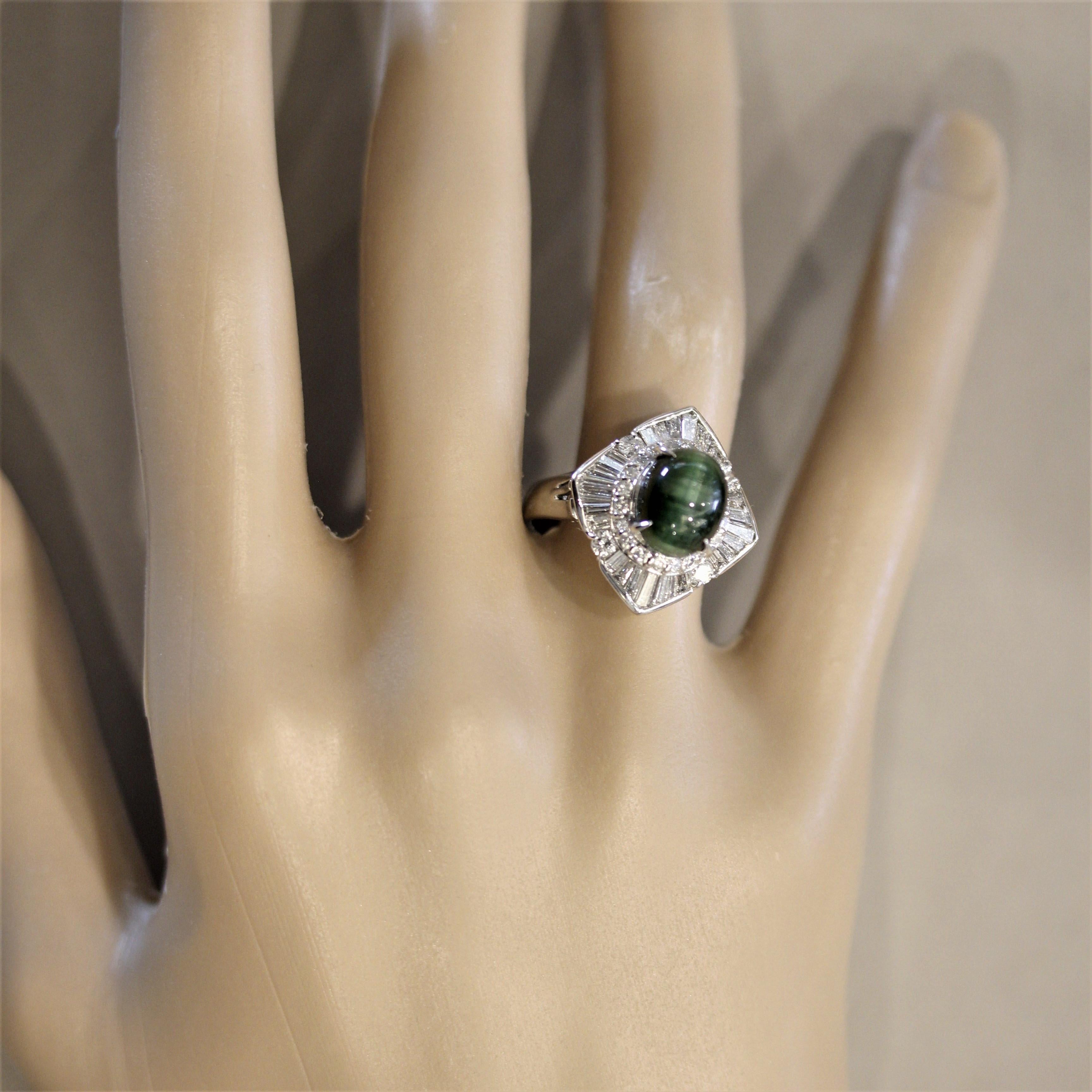 Anello in platino con tormalina occhio di gatto e diamante in vendita 1