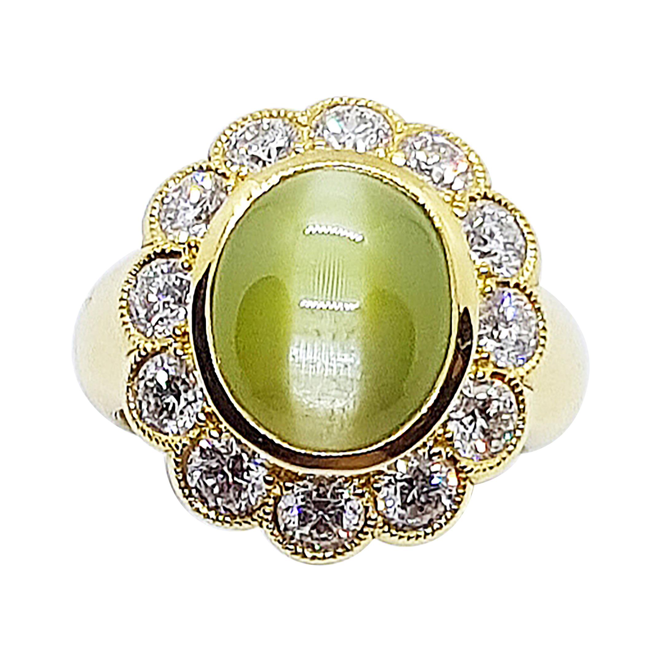 GIA-zertifizierter 8 Karat Chrysoberyll Katzenauge mit Diamantring aus 18 Karat Gold