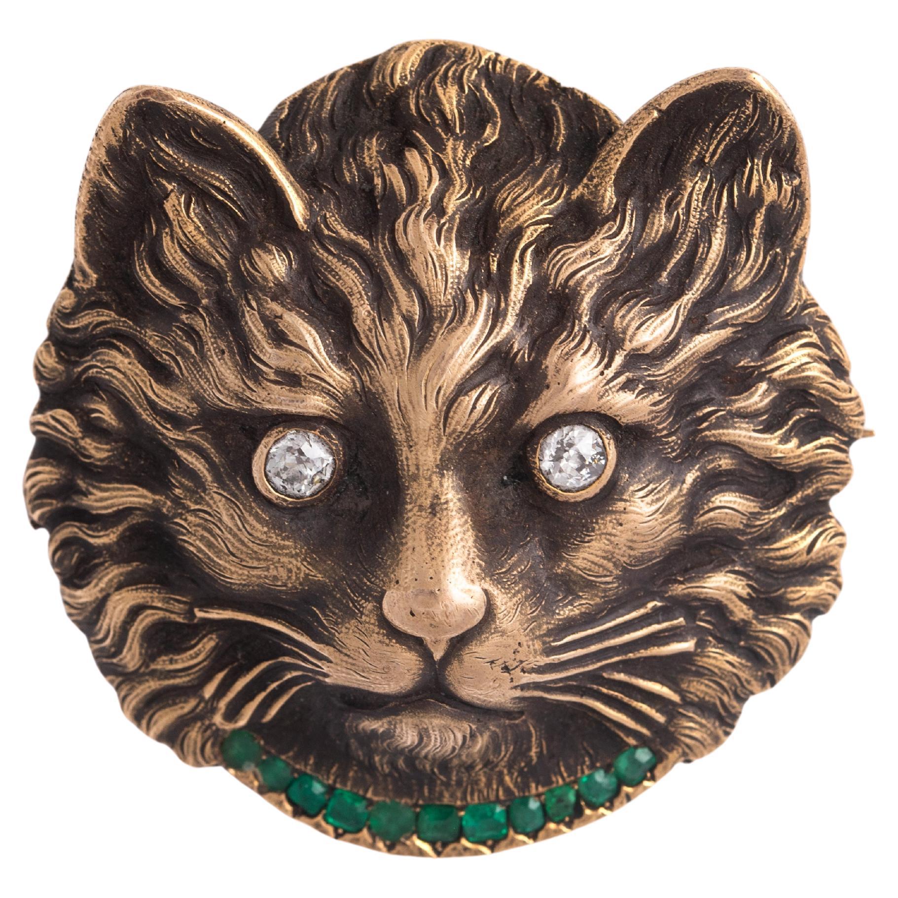 Cat's face Diamond Emerald Brooch Early 20th Century For Sale