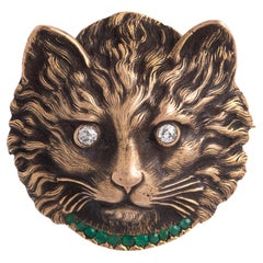Antique Cat's face Diamond Emerald Brooch Early 20th Century