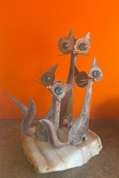 Cats Sculpture on Onyx Base in the Style C. Jere
