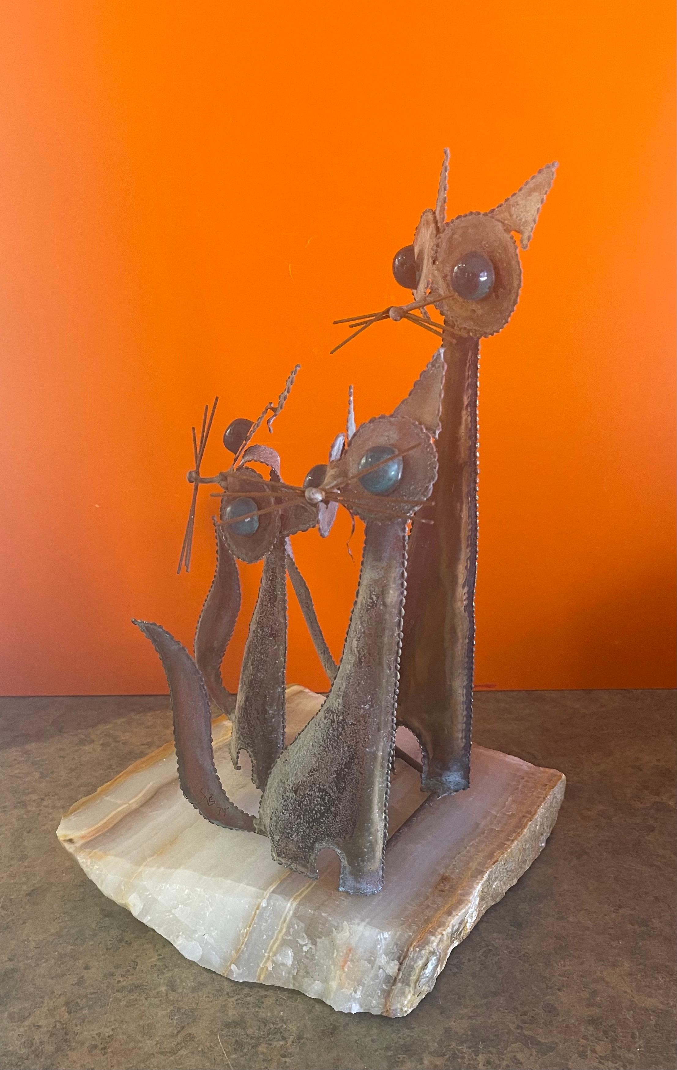 Cats Sculpture on Onyx Base in the Style C. Jere 1