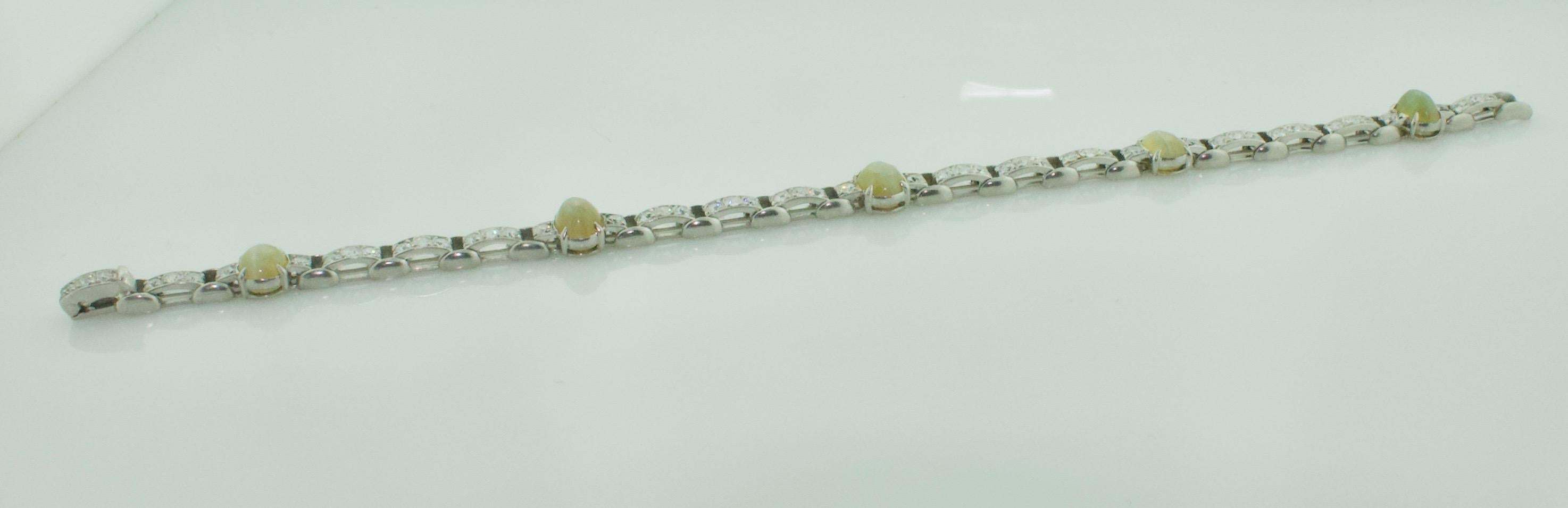 Art Deco Catseye and Diamond Bracelet in Platinum Circa 1940 by Wasslikoff For Sale