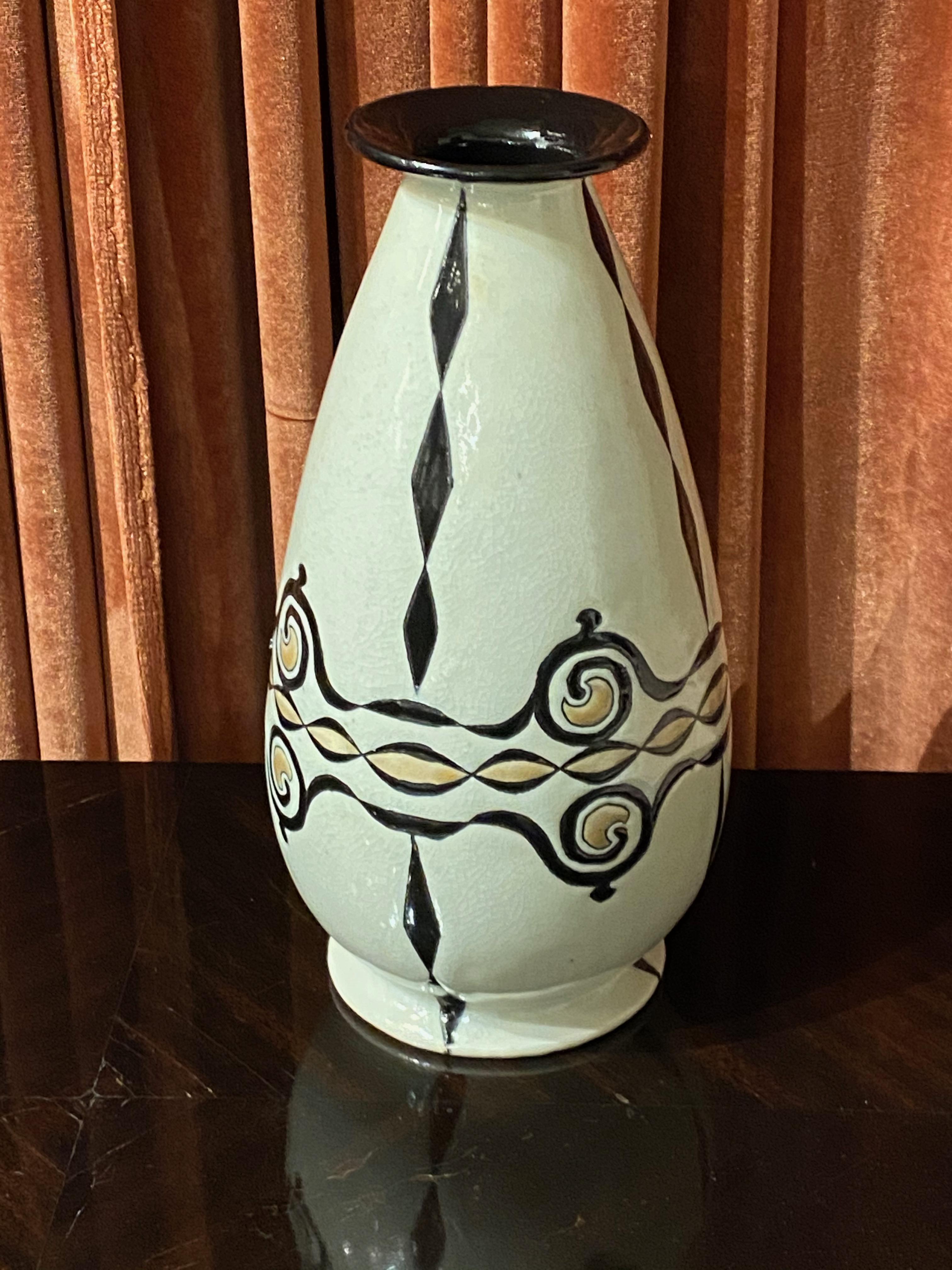 Charles Catteau Boch Freres Art Deco geometric stoneware vase. Rare and unusual Ovid shape. Identified in the definitive catalog by Marc Paron on the life’s work of Charles Catteau on-page #454. Stoneware vases like these with a geometric pattern